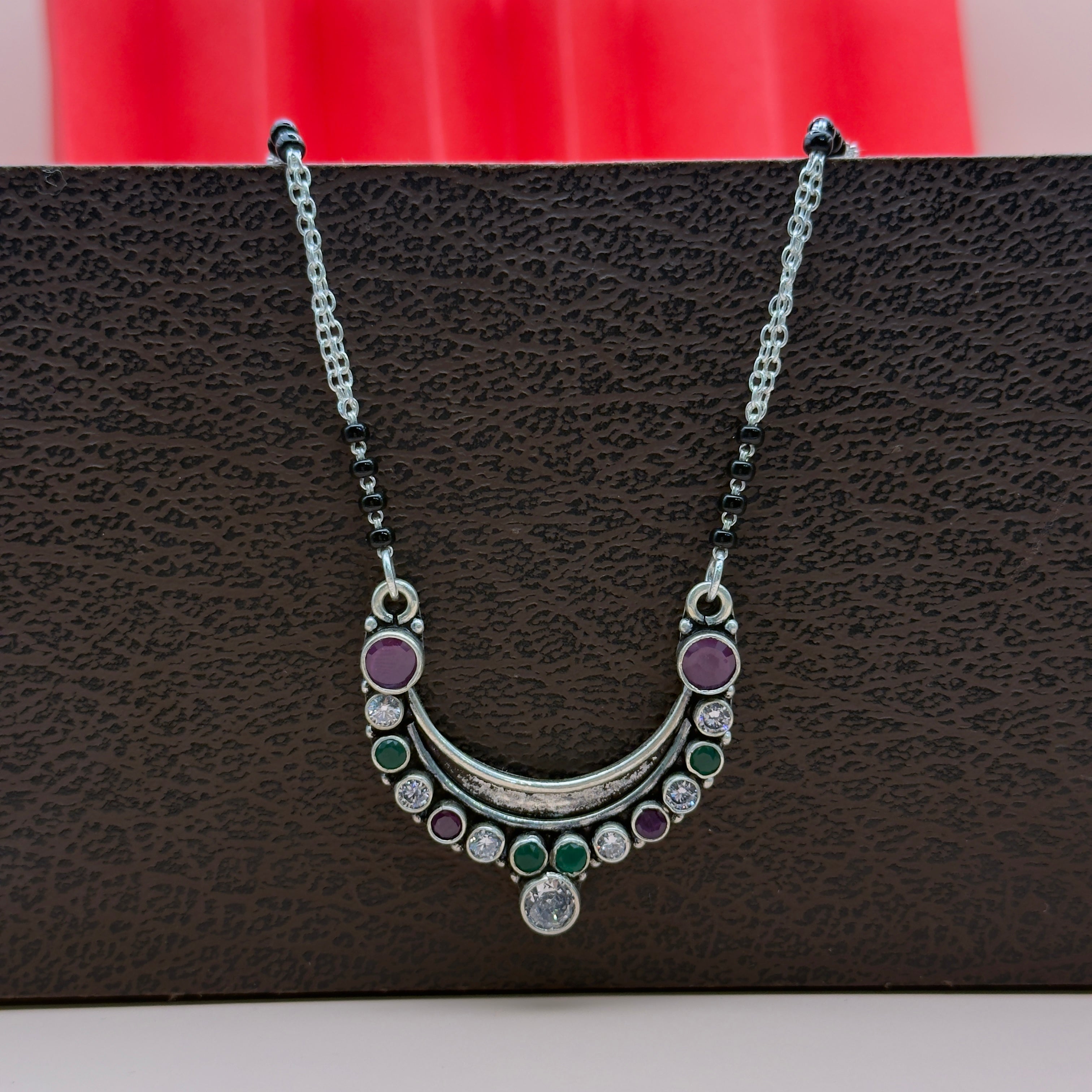 Silver Multicolor Crescent Mangalsutra | Antique Finish Double Chain