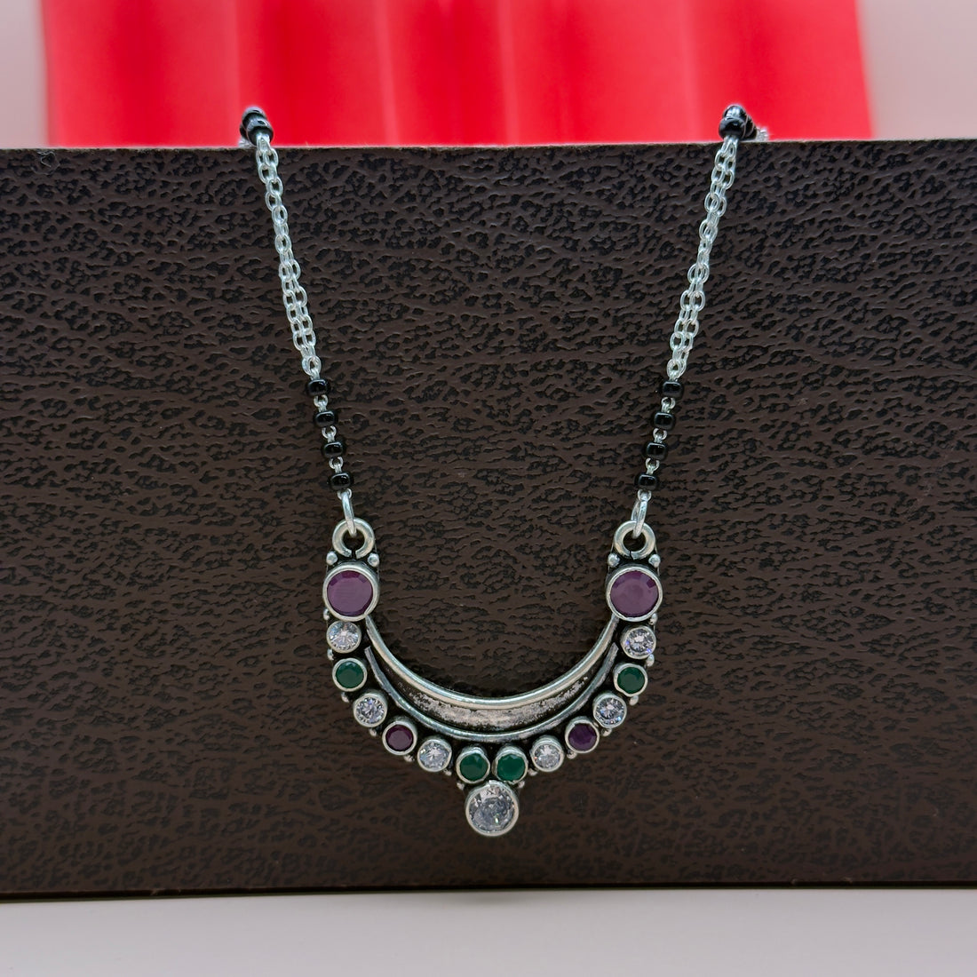 Silver Multicolor Crescent Mangalsutra | Antique Finish Double Chain