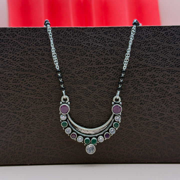 Silver Multicolor Crescent Mangalsutra | Antique Finish Double Chain