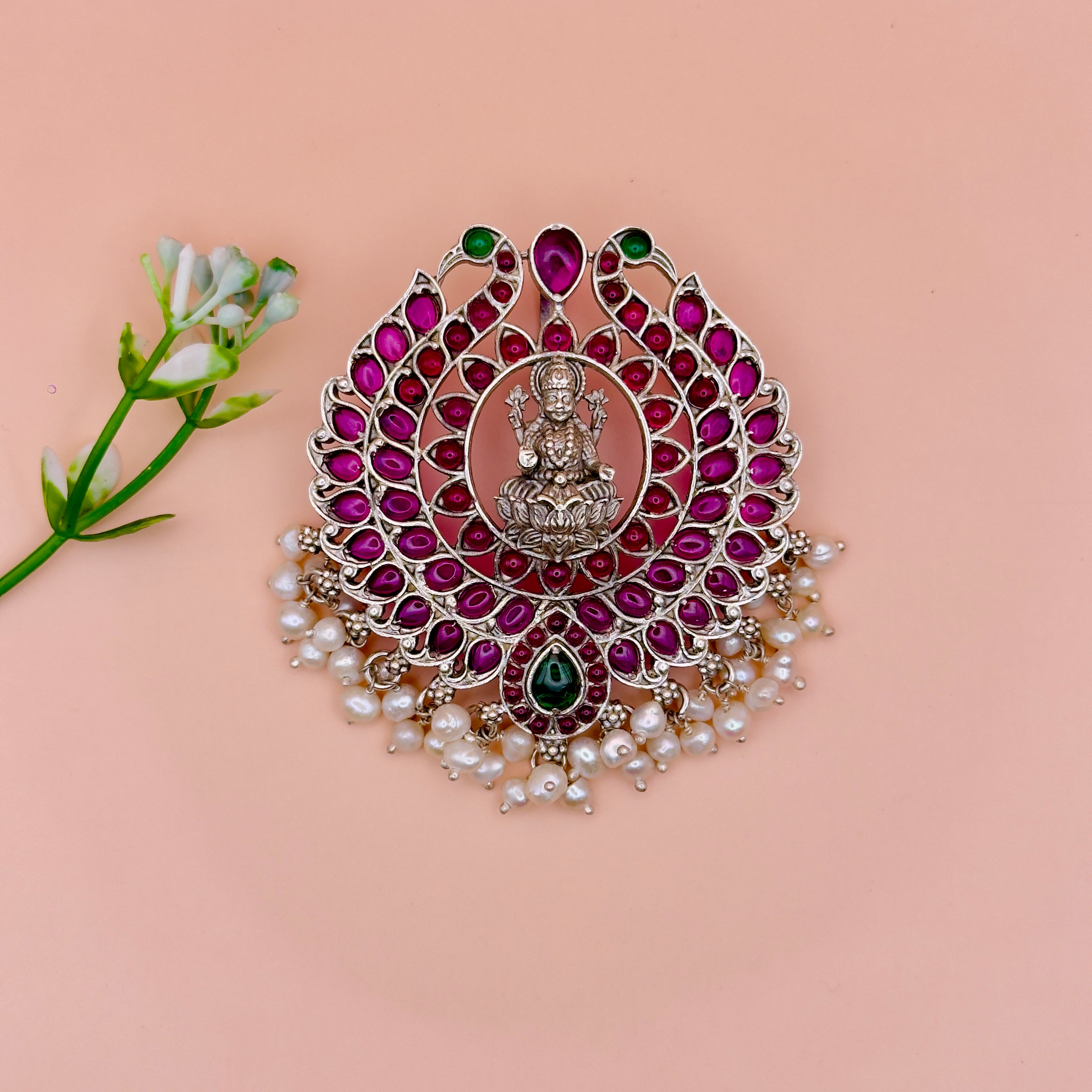 Divine Lakshmi ji Pendant in 925 Silver with Pearl Drops