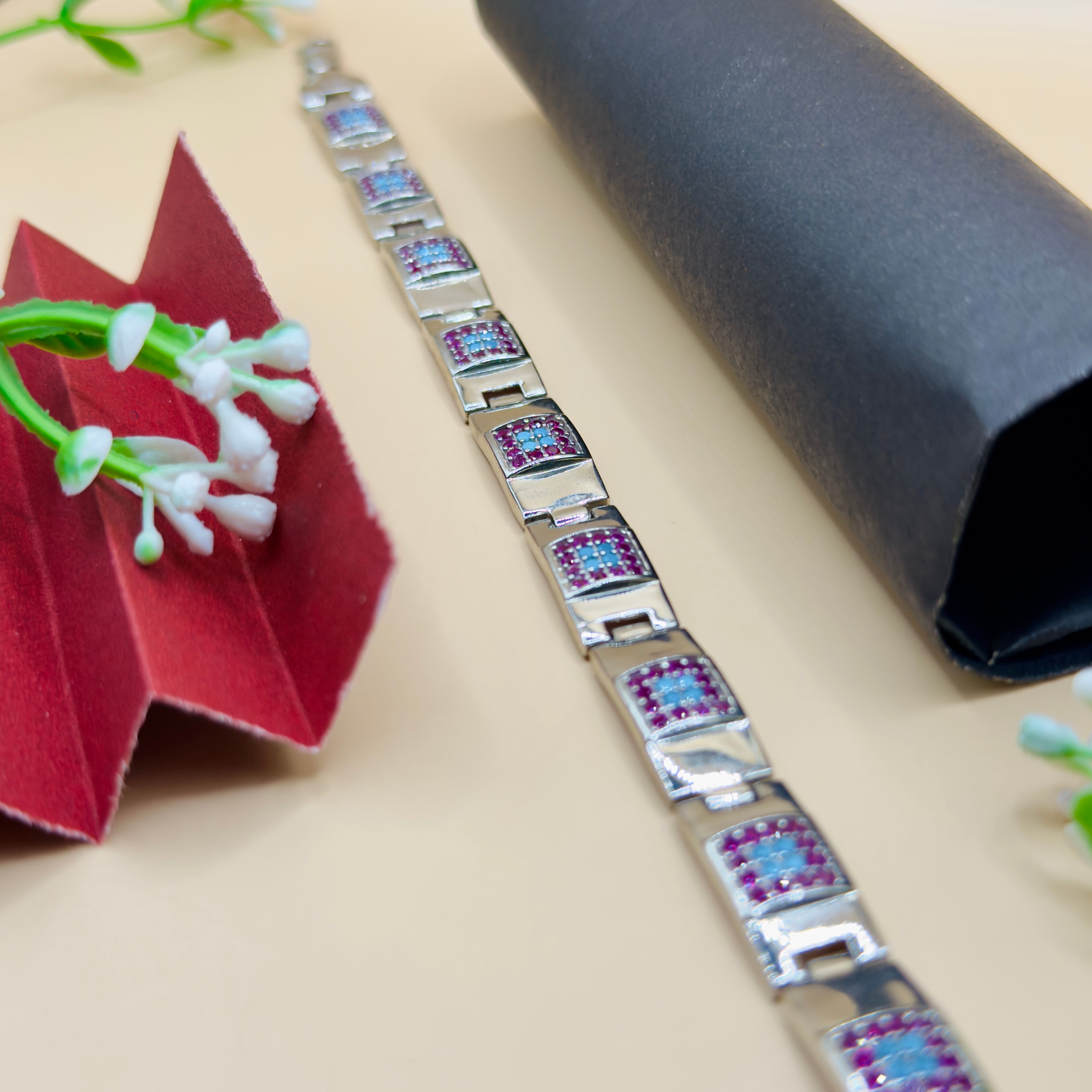Elegant Pink & Purple Stone Designer Bracelet (925 Silver)