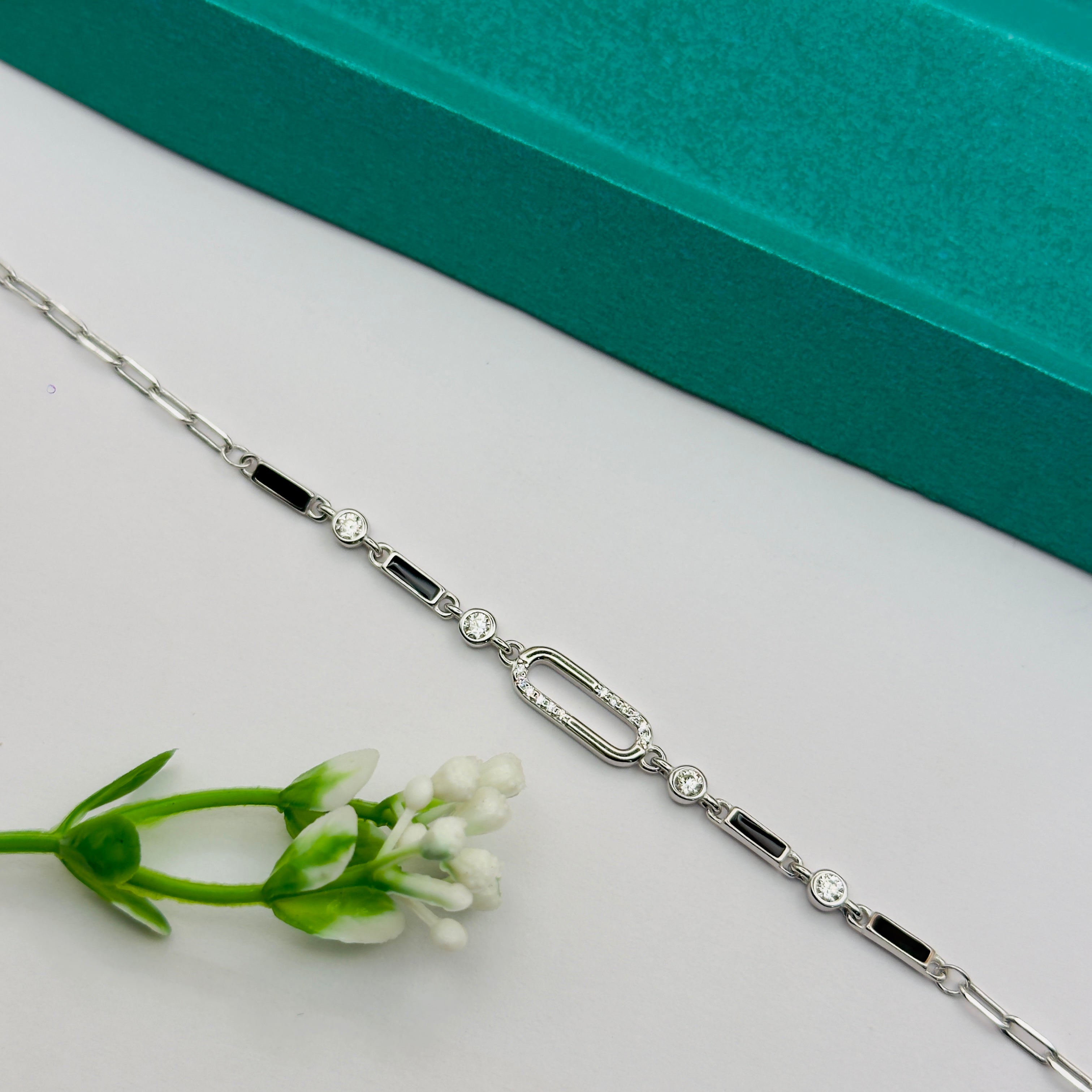 925 Silver Black Enamel Designer Link Bracelet