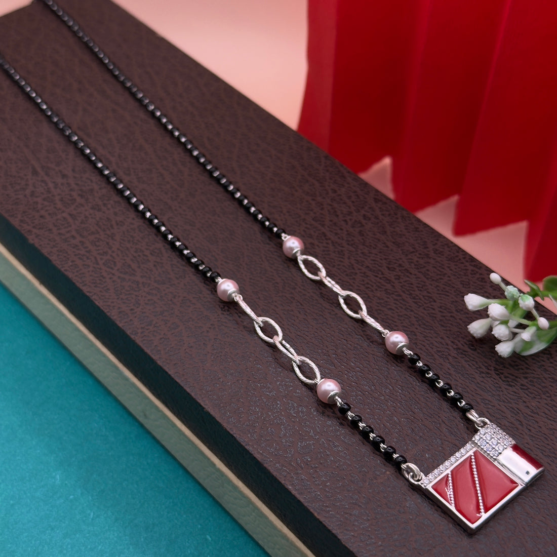 Handcrafted Silver Mangalsutra with Red Enamel Square Pendant