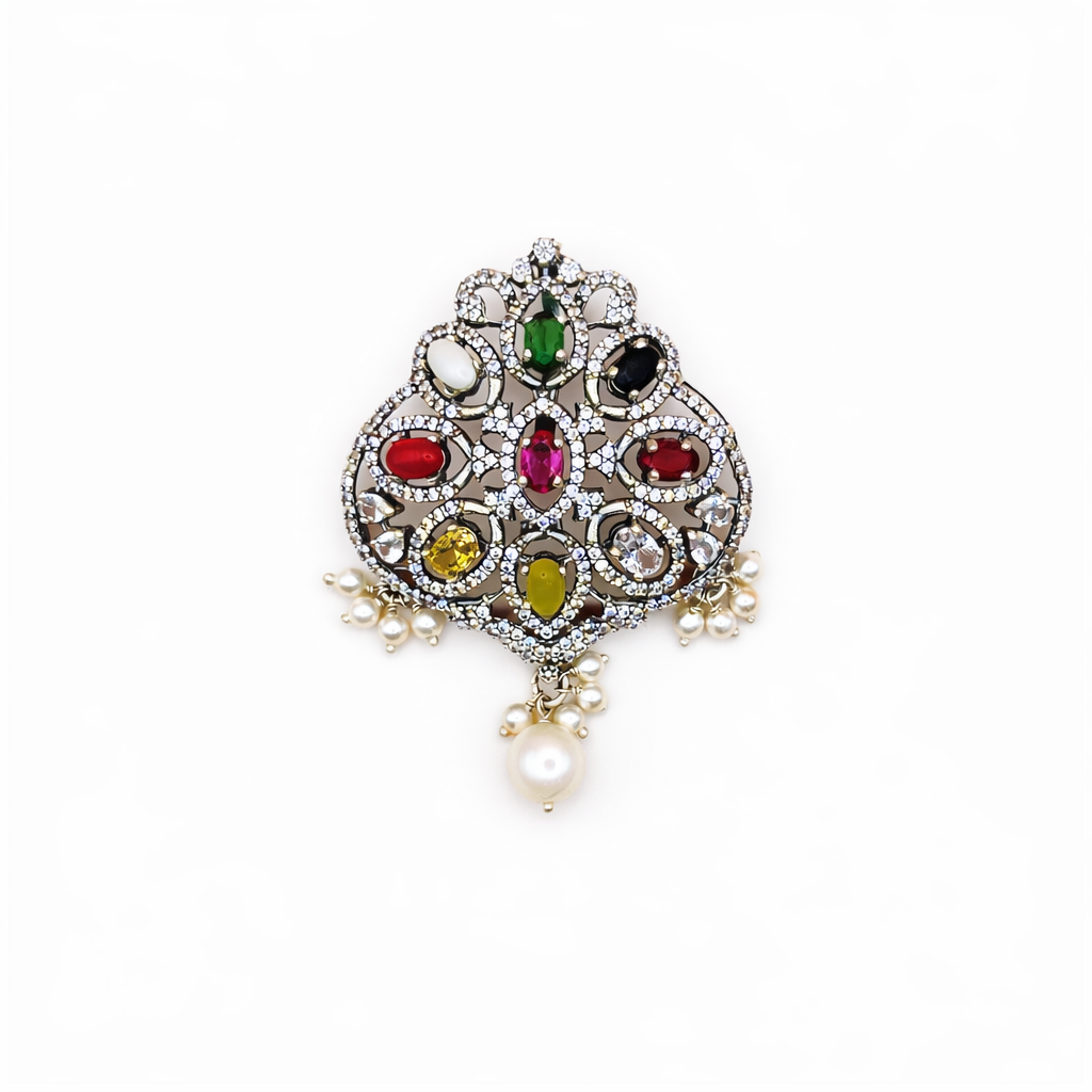 Heritage Moissanite Navratna Pendant with Pearl Drops | 925 Silver