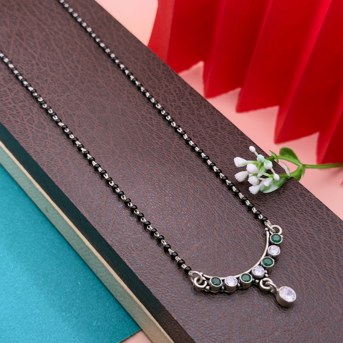 Handcrafted Silver Mangalsutra with Green Stones & CZ Drop