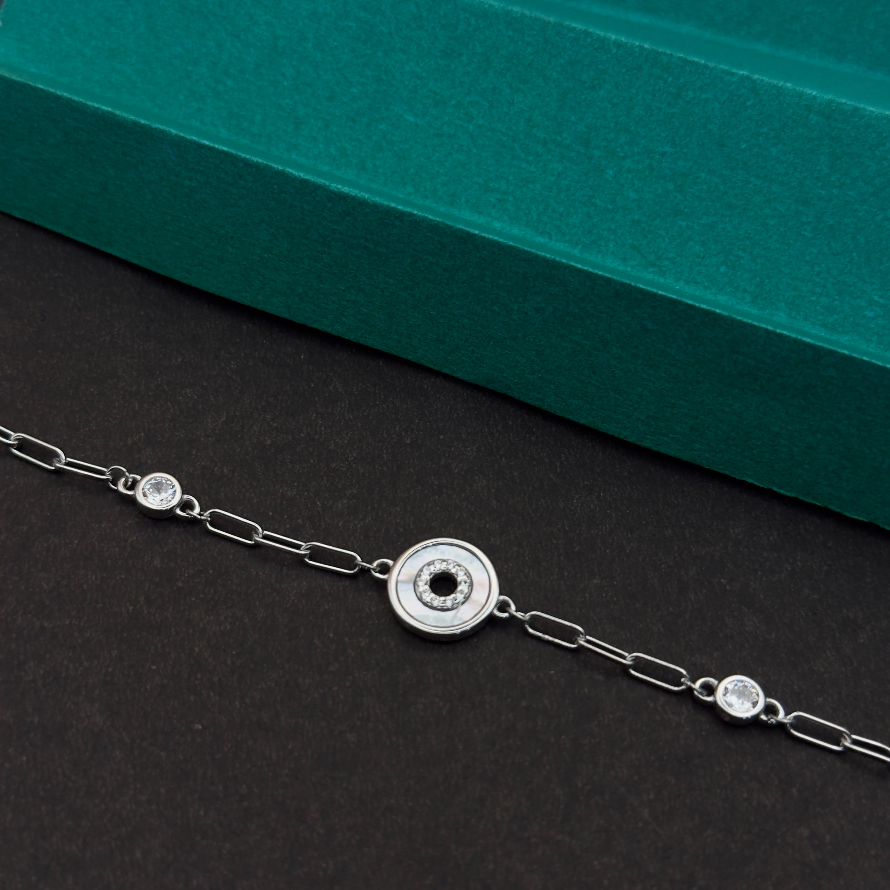 925 Silver MOP Round Charm Bracelet – Designer Link Chain