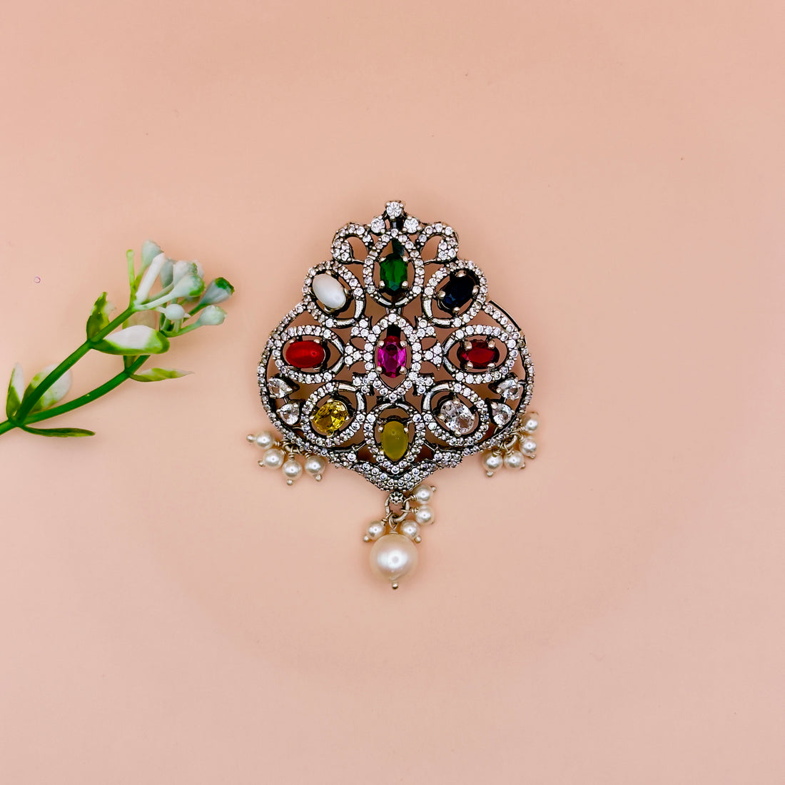 Heritage Moissanite Navratna Pendant with Pearl Drops | 925 Silver