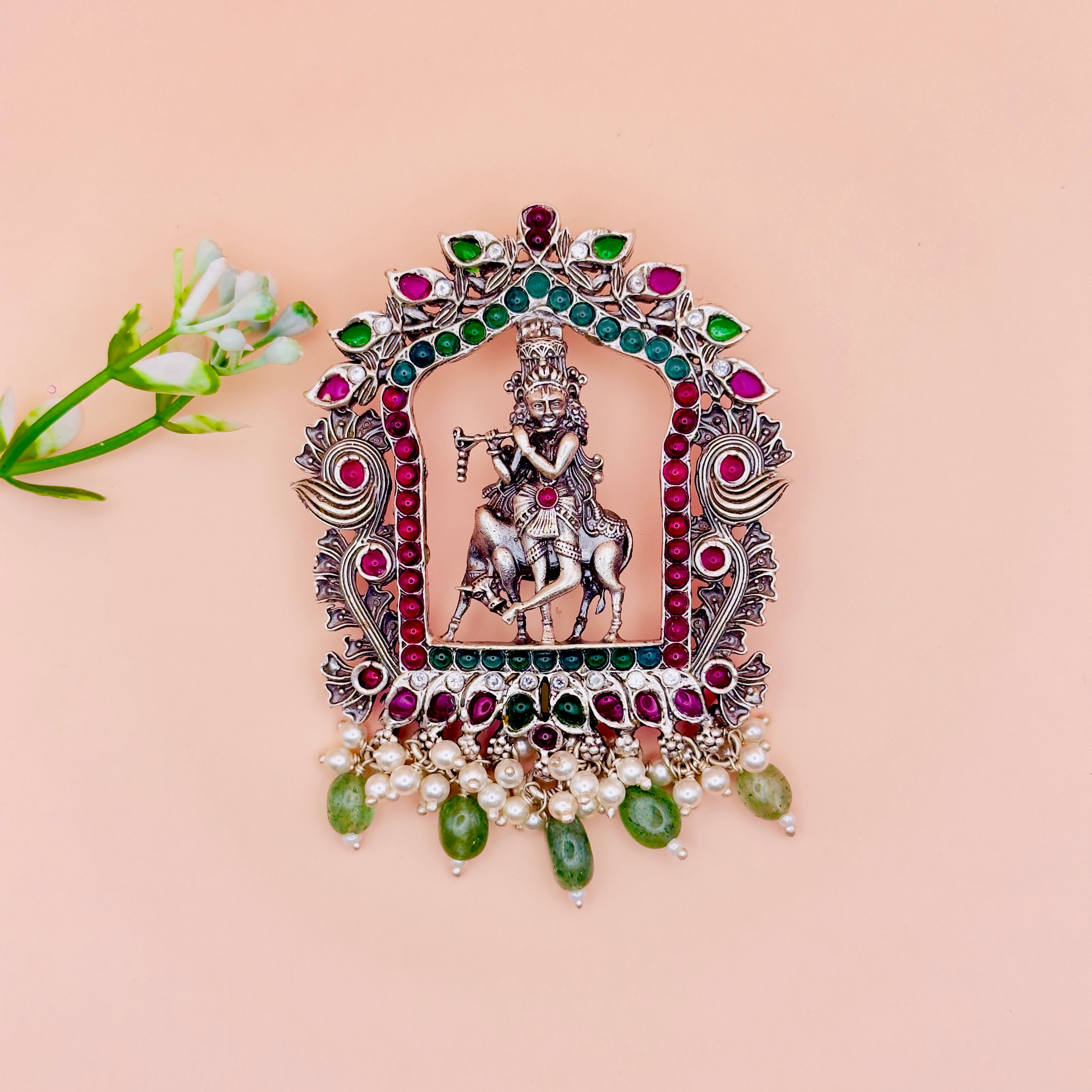Lord Krishna Temple Pendant in 925 Silver with Pearl & Green Drops