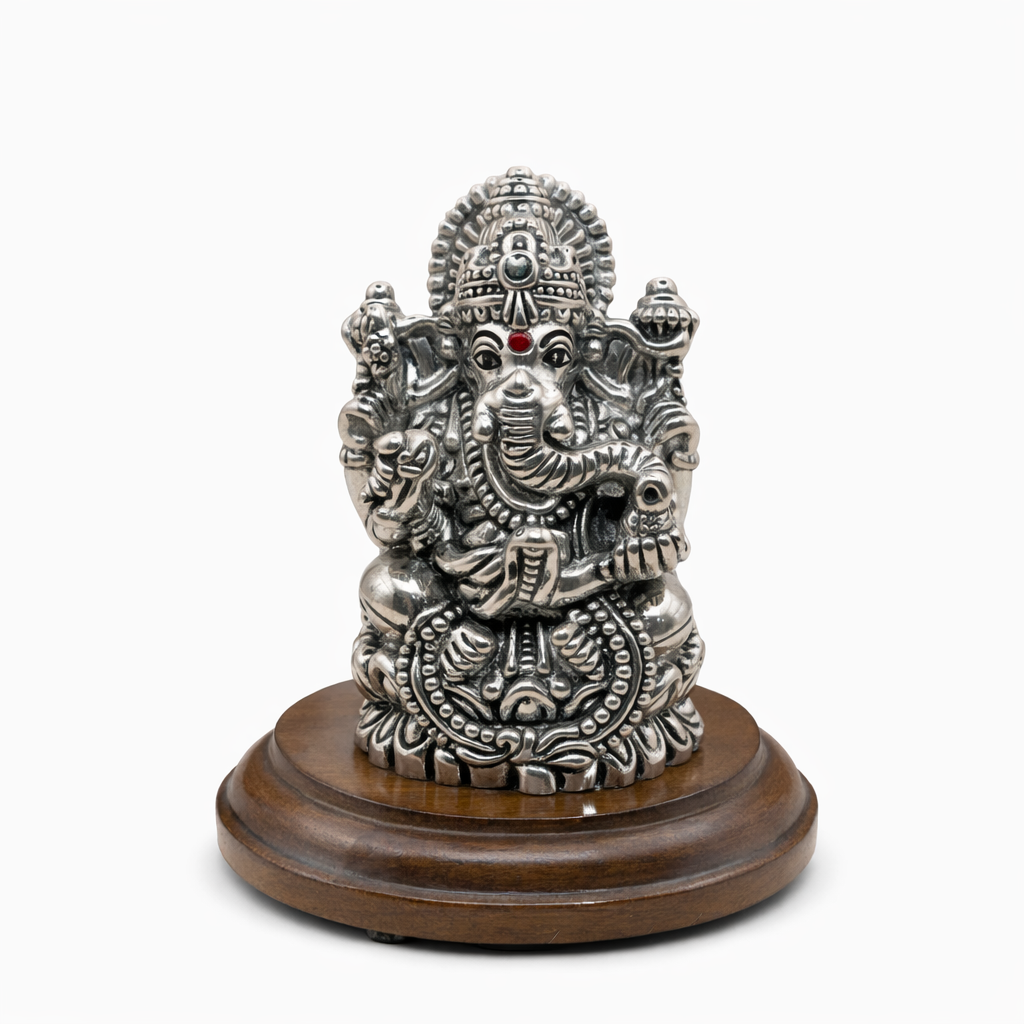 999 Pure Silver Lord Ganesha Idol with Wooden Base