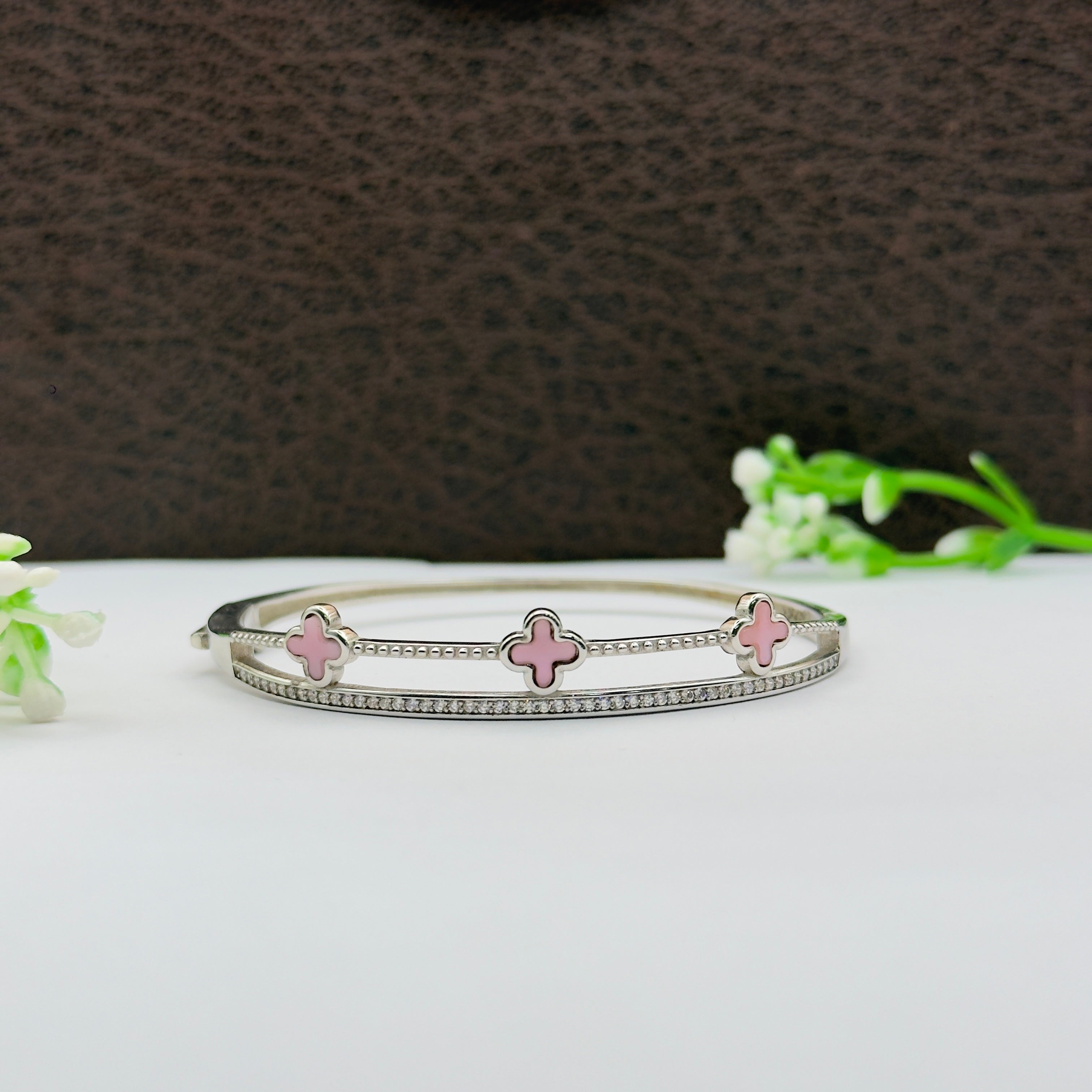 Luxury Pink Enamel Clover 925 Silver Bracelet