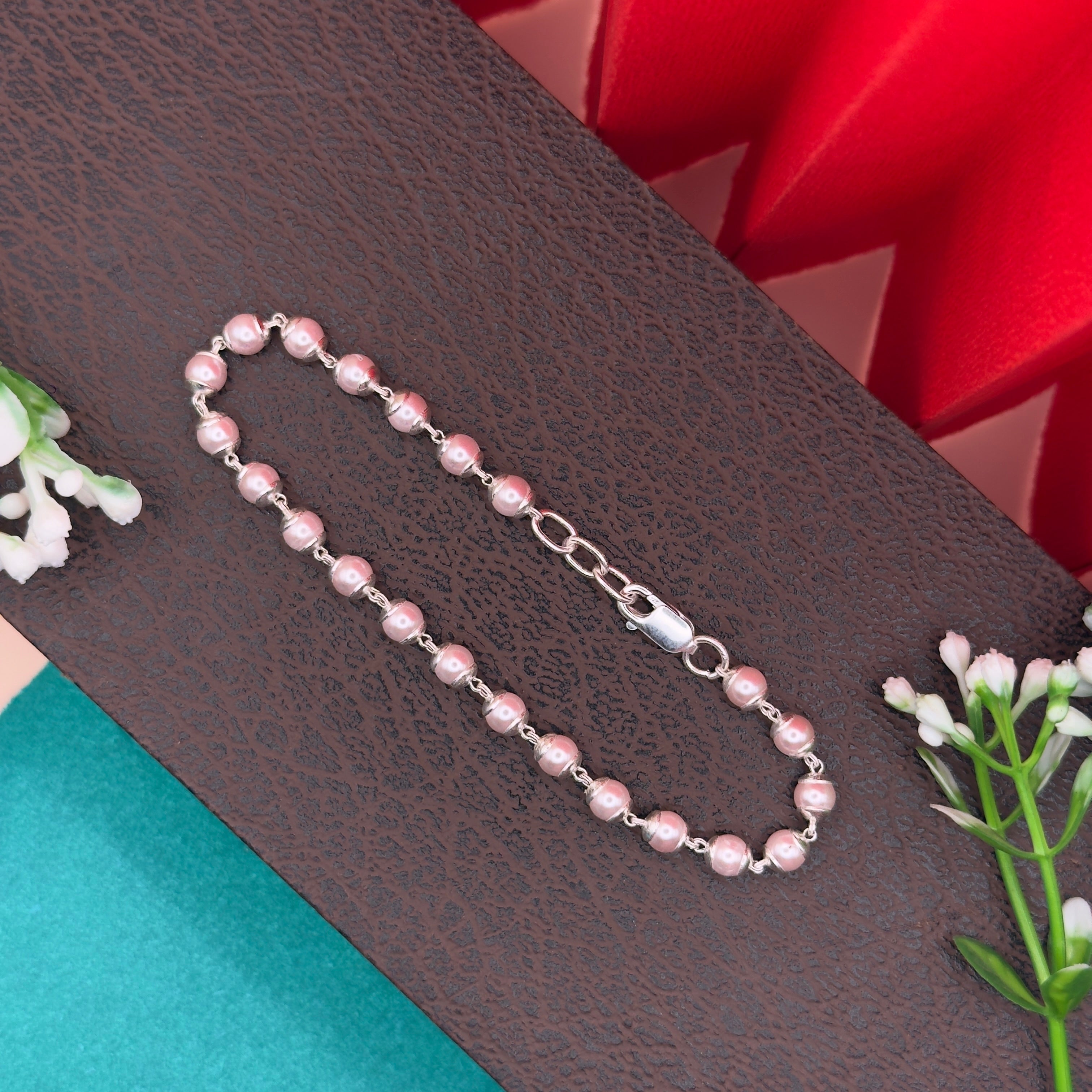 Elegant Pink Pearl 925 Silver Bracelet | Handcrafted Classic Design