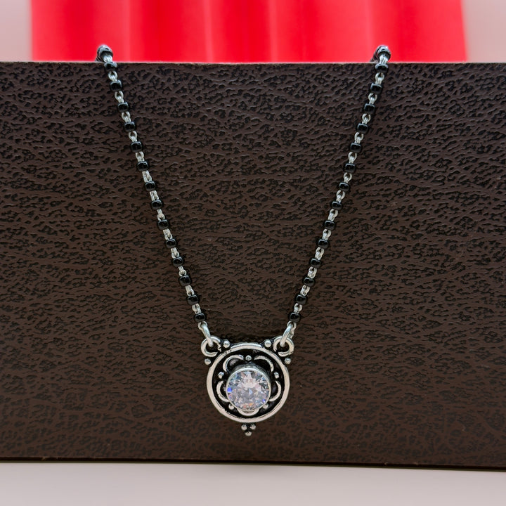 Elegant Round CZ Silver Mangalsutra with Black Beads