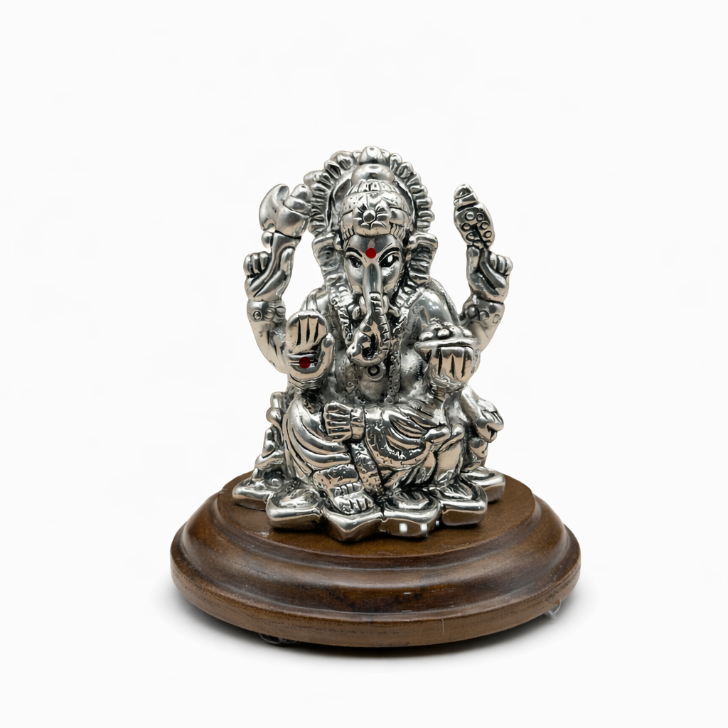999 Pure Silver Lord Ganesha Idol with Wooden Base