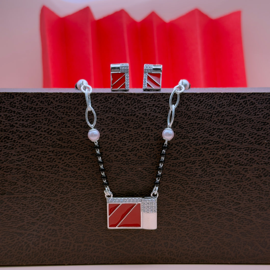 Handcrafted Silver Mangalsutra with Red Enamel Square Pendant