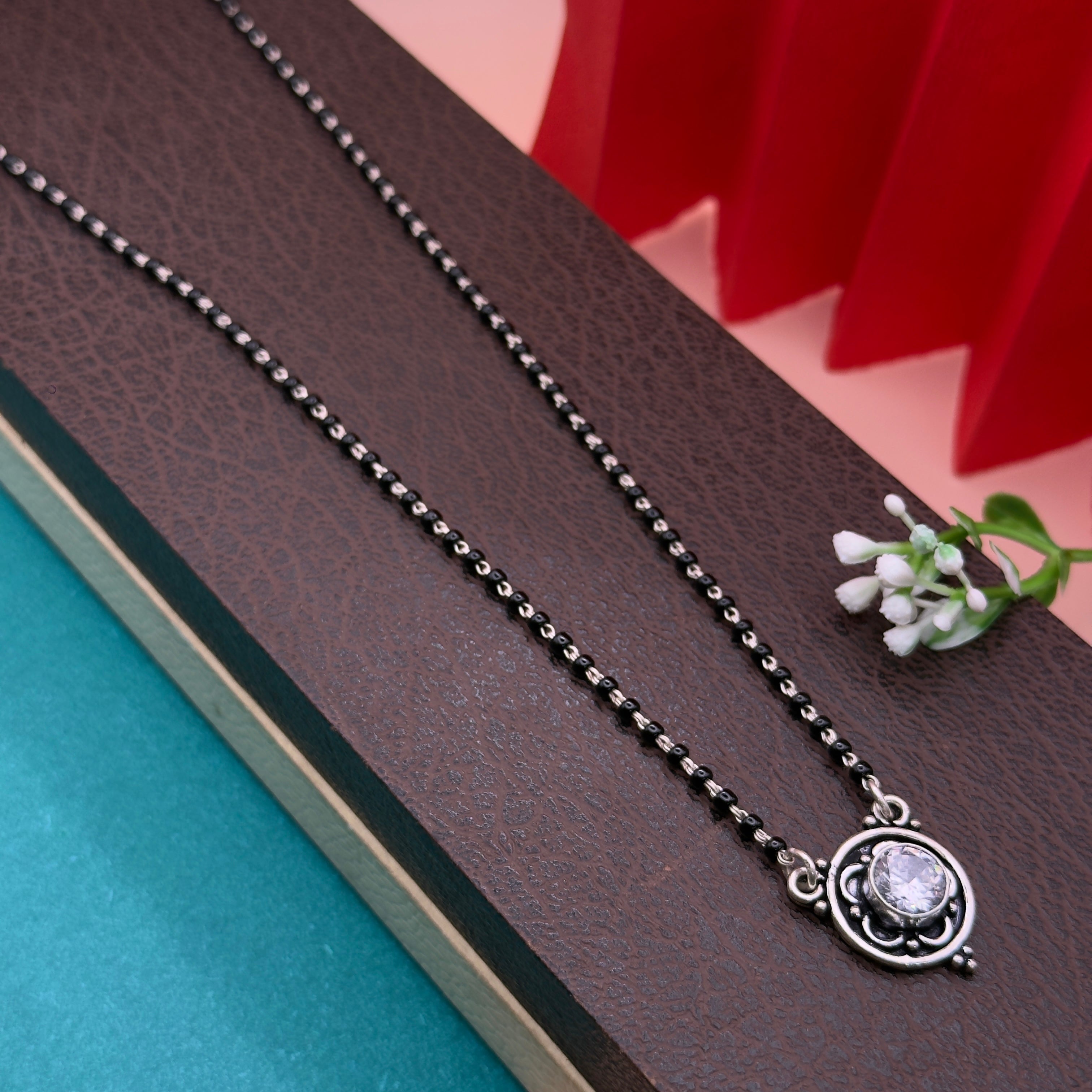 Elegant Round CZ Silver Mangalsutra with Black Beads