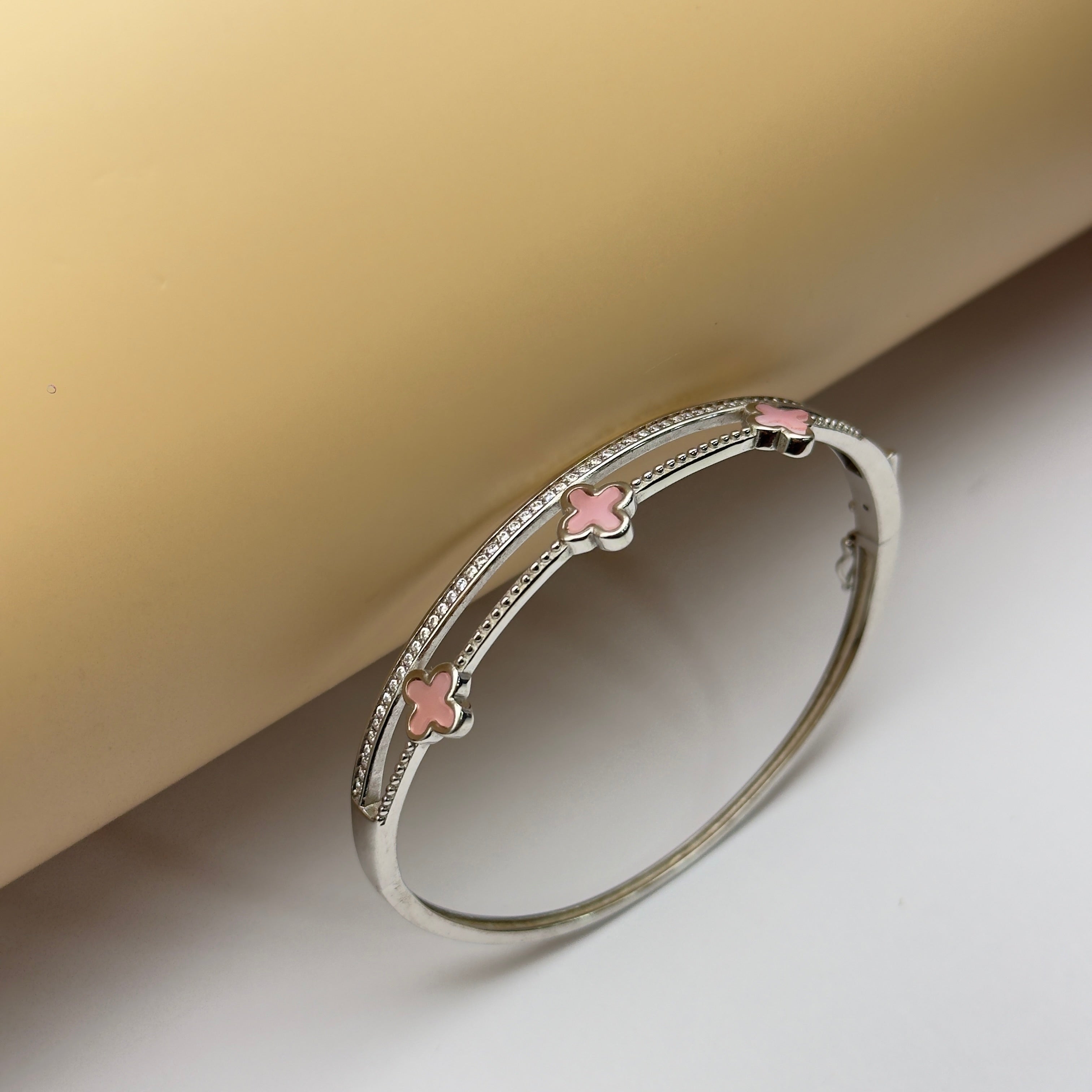 Luxury Pink Enamel Clover 925 Silver Bracelet