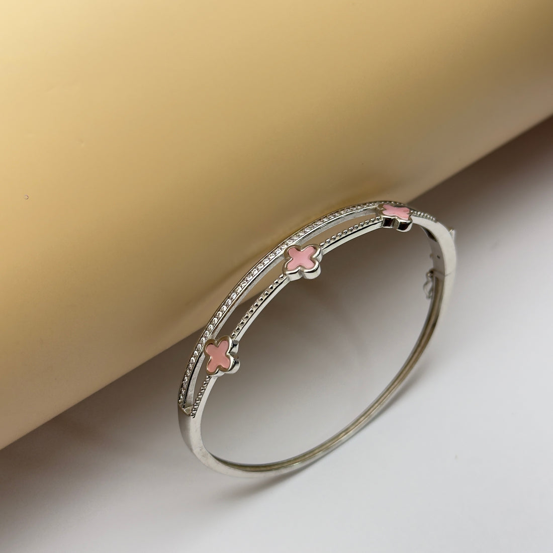 Luxury Pink Enamel Clover 925 Silver Bracelet