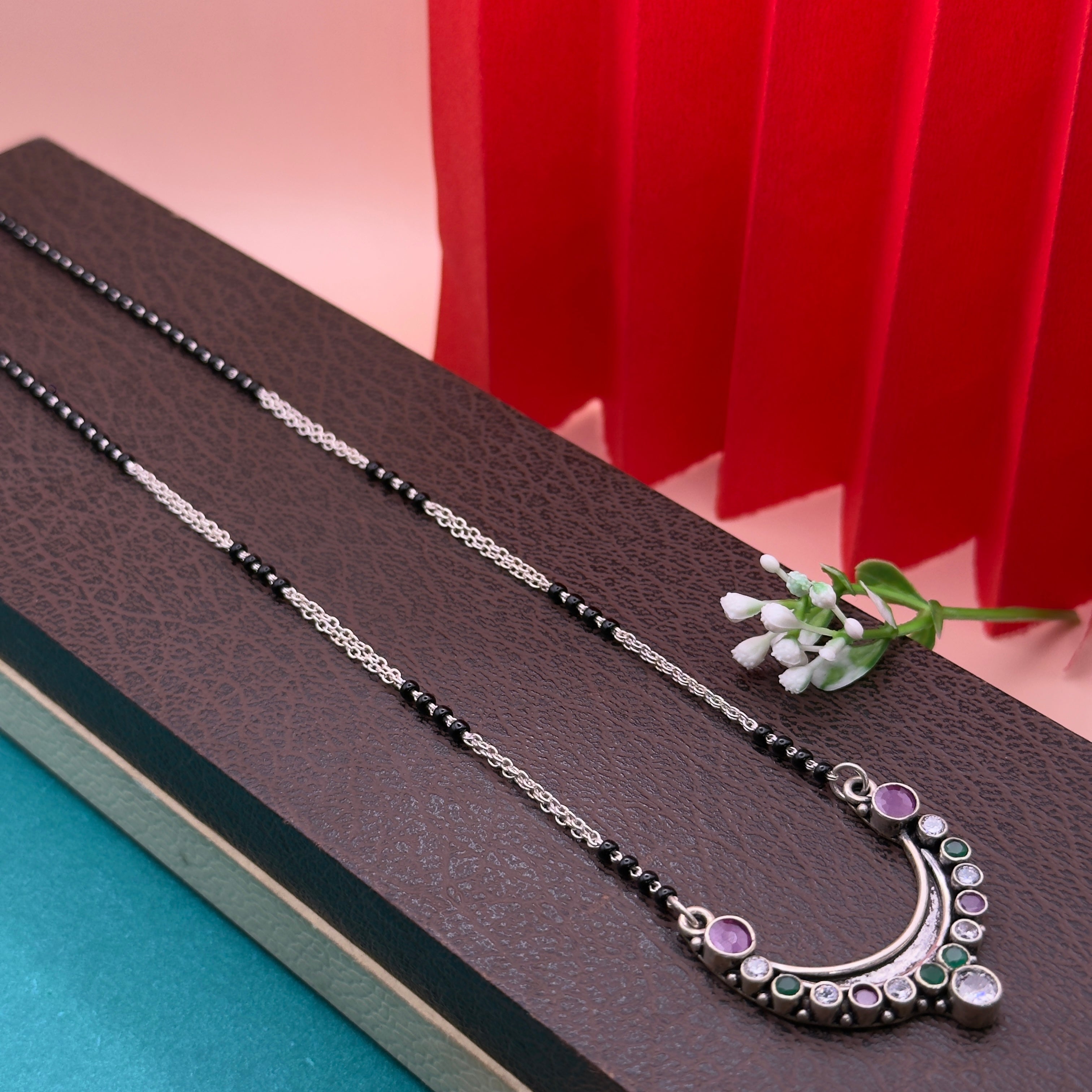 Silver Multicolor Crescent Mangalsutra | Antique Finish Double Chain