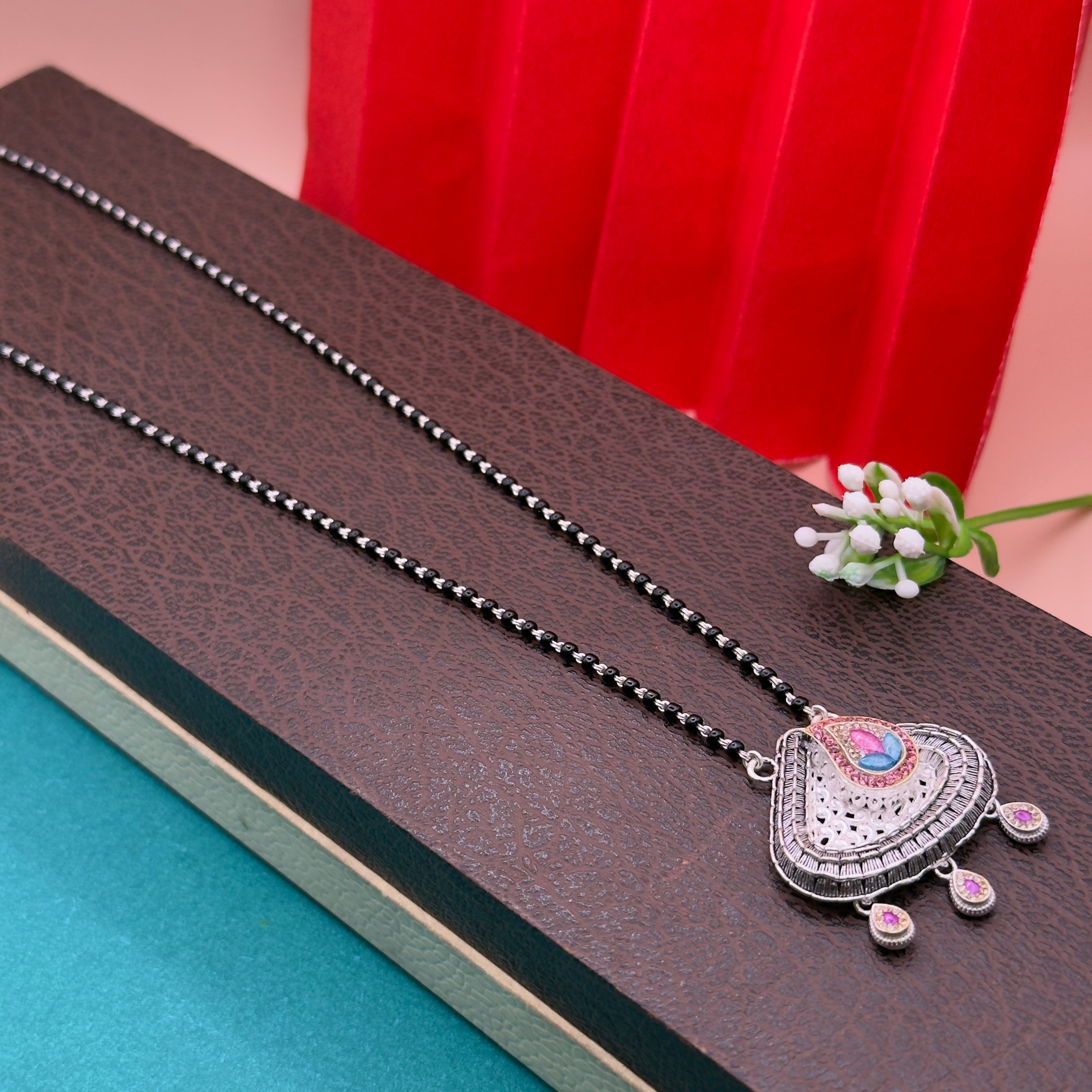 Oxidized Silver Look Mangalsutra with Swarovski Designer Pendant