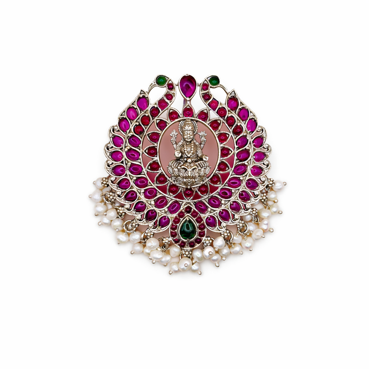 Divine Lakshmi ji Pendant in 925 Silver with Pearl Drops