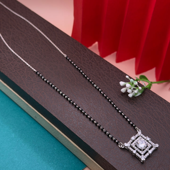 Silver Princess-Cut CZ Mangalsutra Set with Matching Earrings