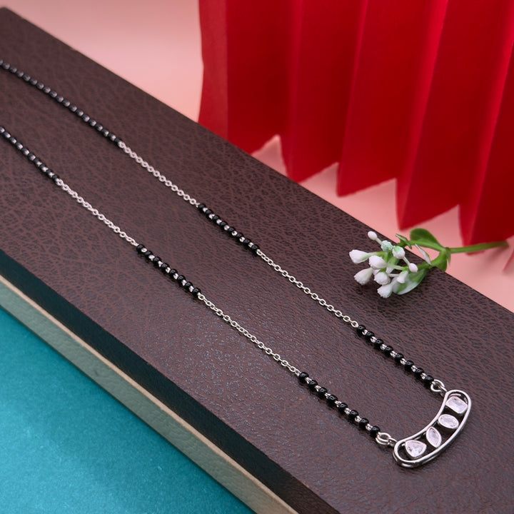 925 Silver CZ Curve Mangalsutra – Modern Black Beads Design