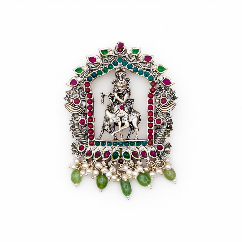 Lord Krishna Temple Pendant in 925 Silver with Pearl & Green Drops