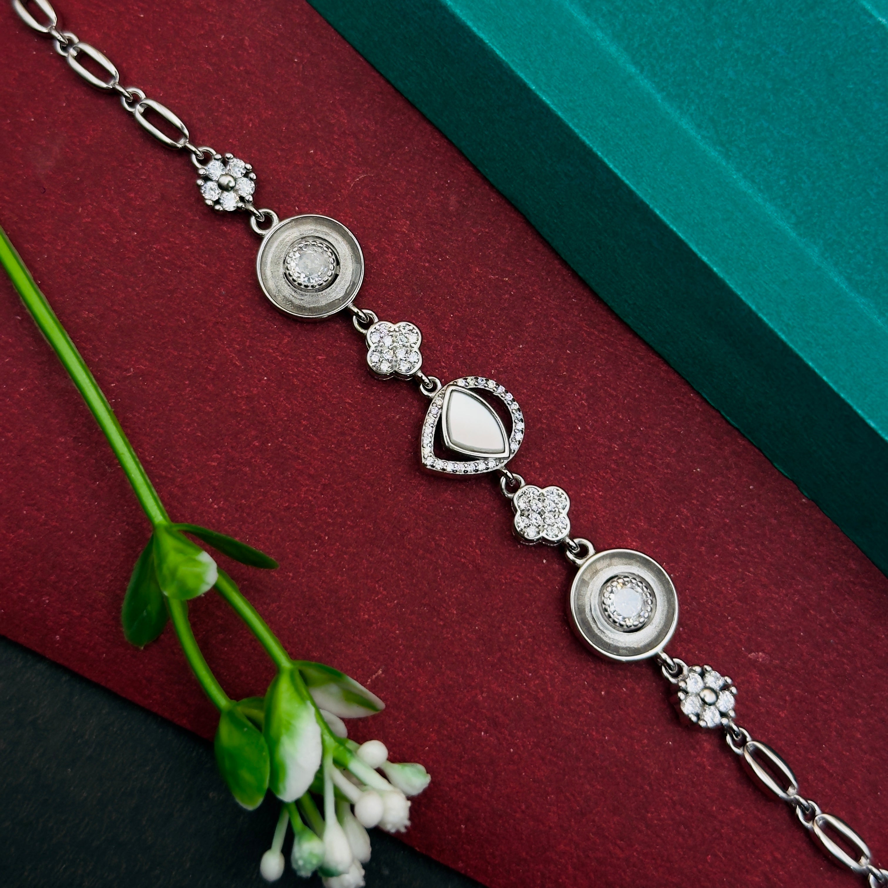 925 Silver Designer Charm Bracelet – Dual-Tone Pear & Floral Motifs
