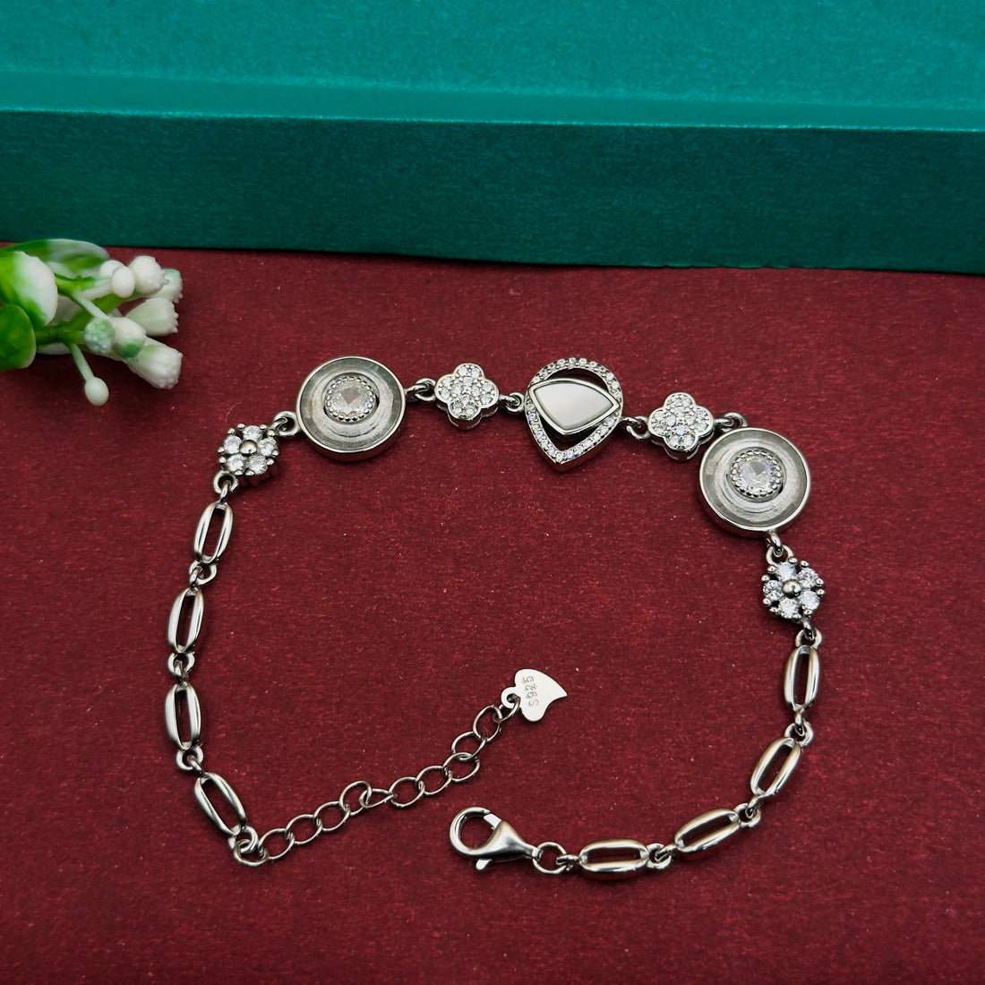 925 Silver Designer Charm Bracelet – Dual-Tone Pear & Floral Motifs