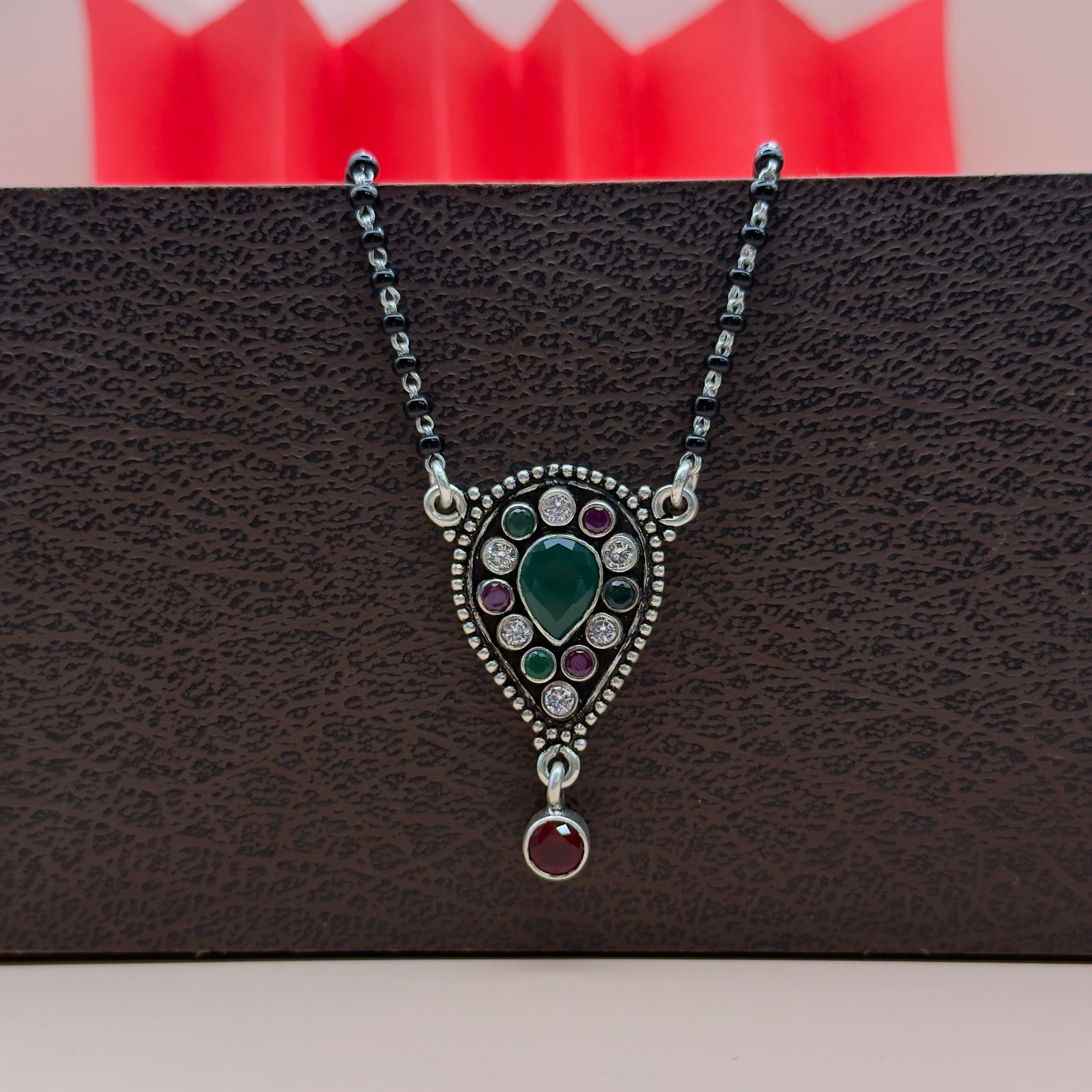 Antique 925Silver Tear Drop Mangalsutra with Multicolor Stones.