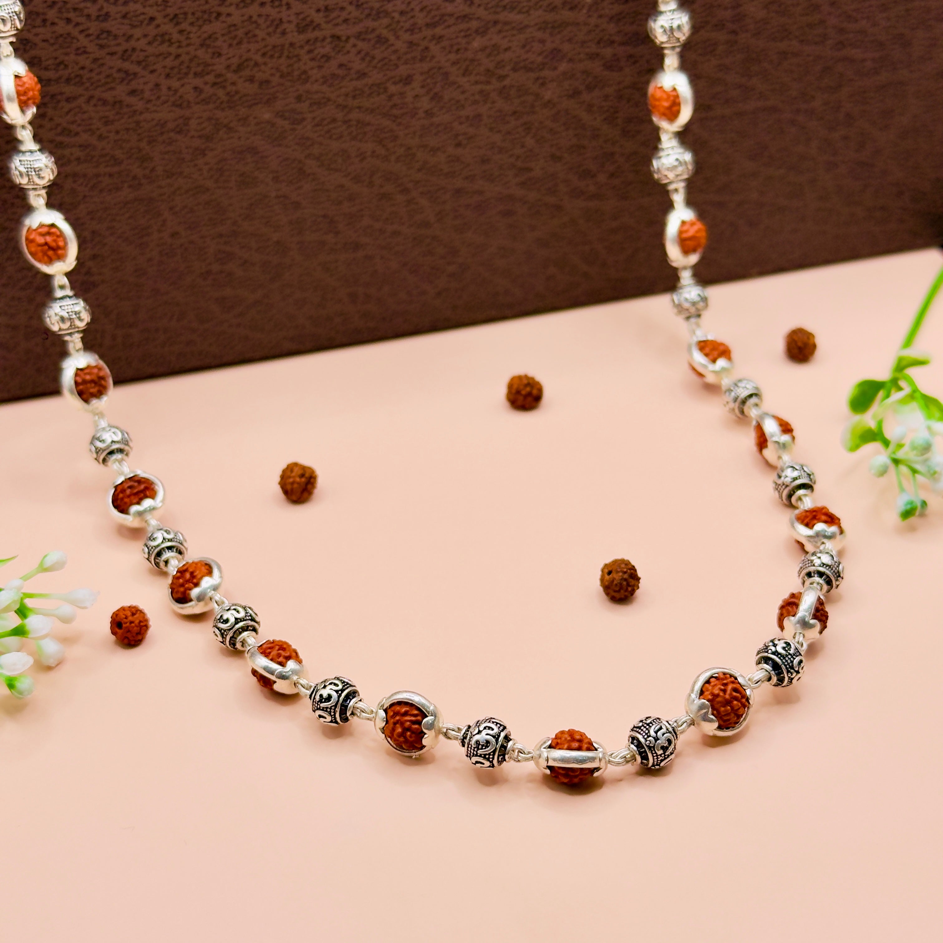 Rudraksha Capping Silver Mala (Om Beads)