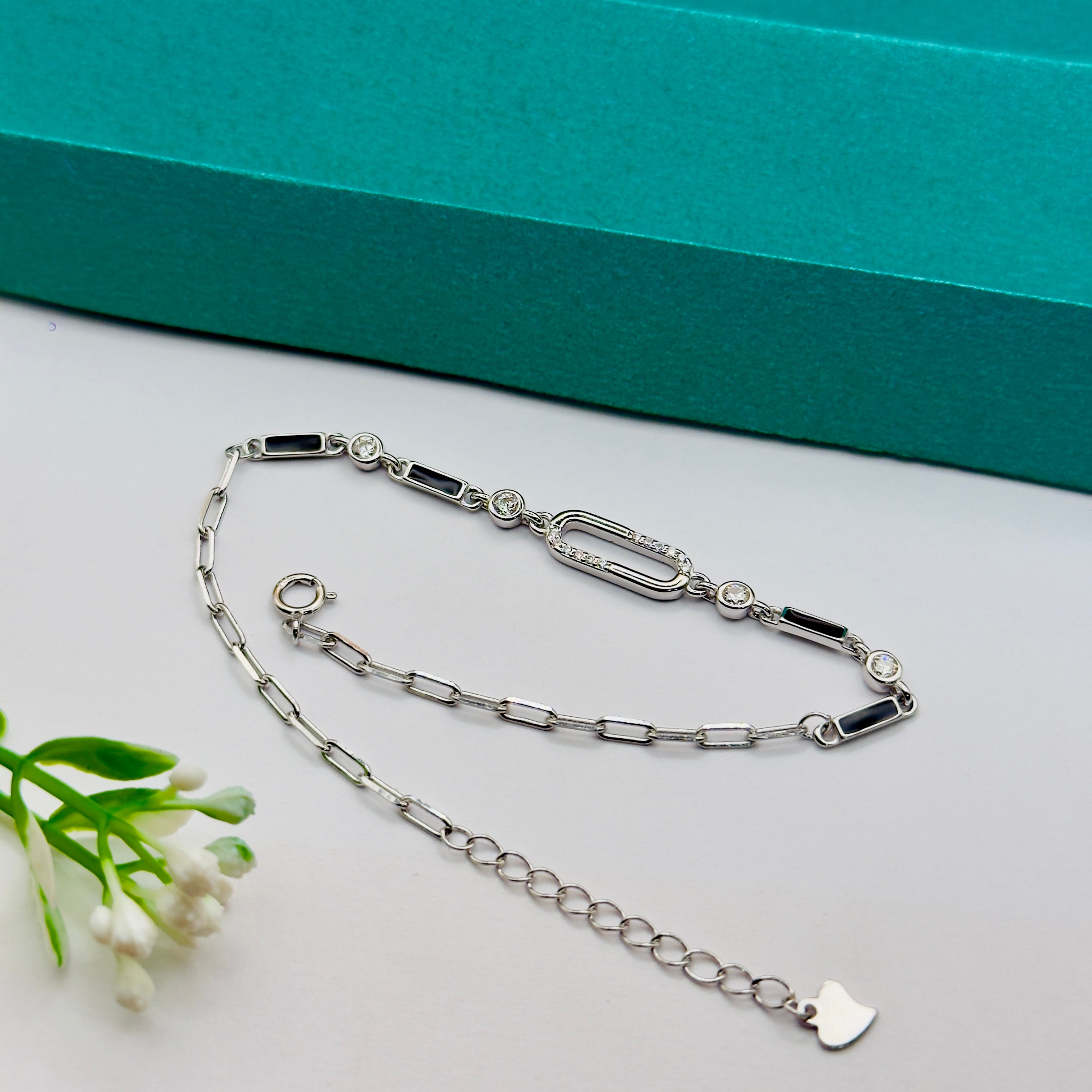 925 Silver Black Enamel Designer Link Bracelet