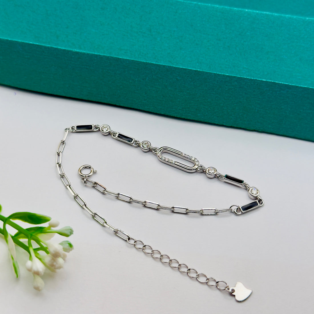 925 Silver Black Enamel Designer Link Bracelet