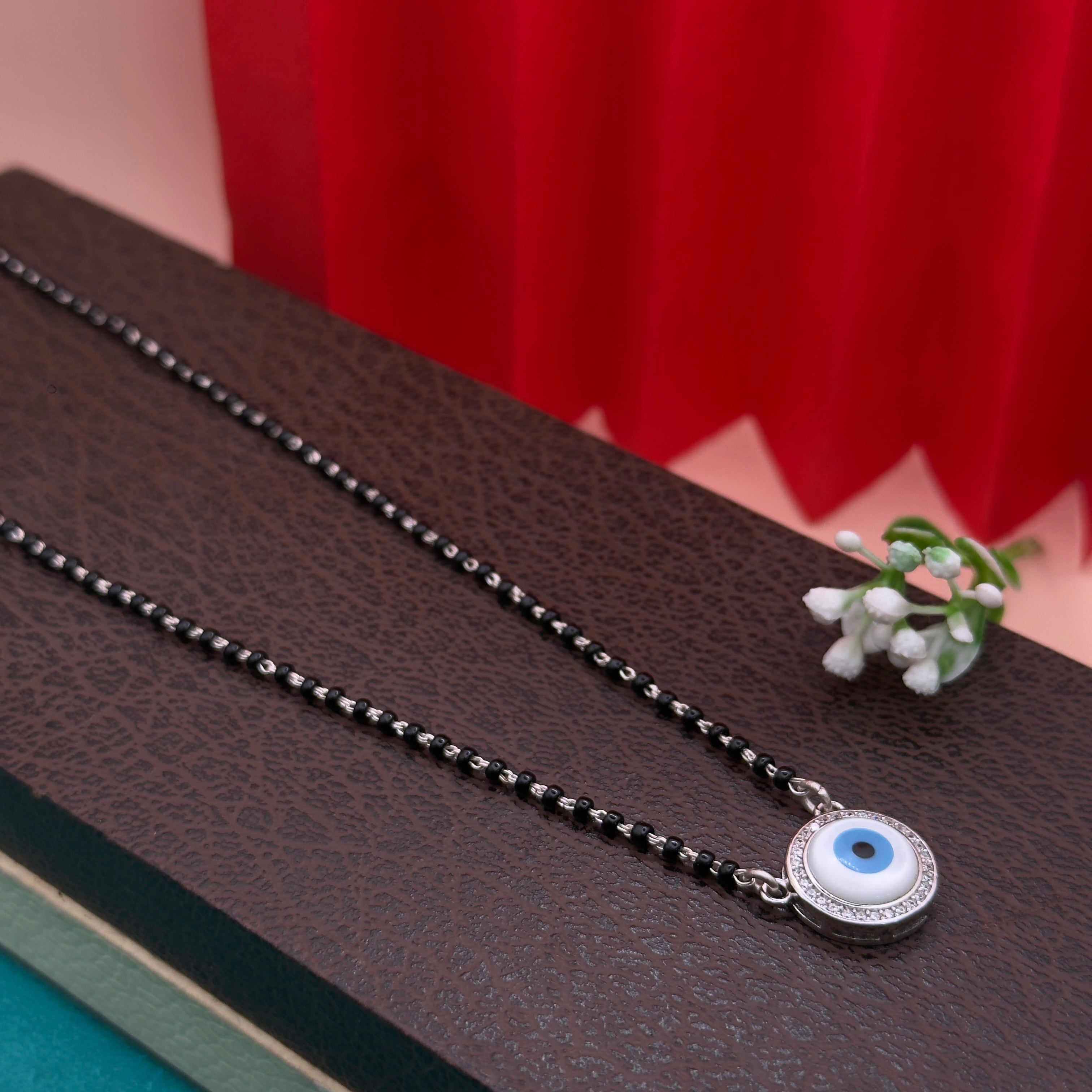 Evil Eye CZ Silver Mangalsutra with Black Beads