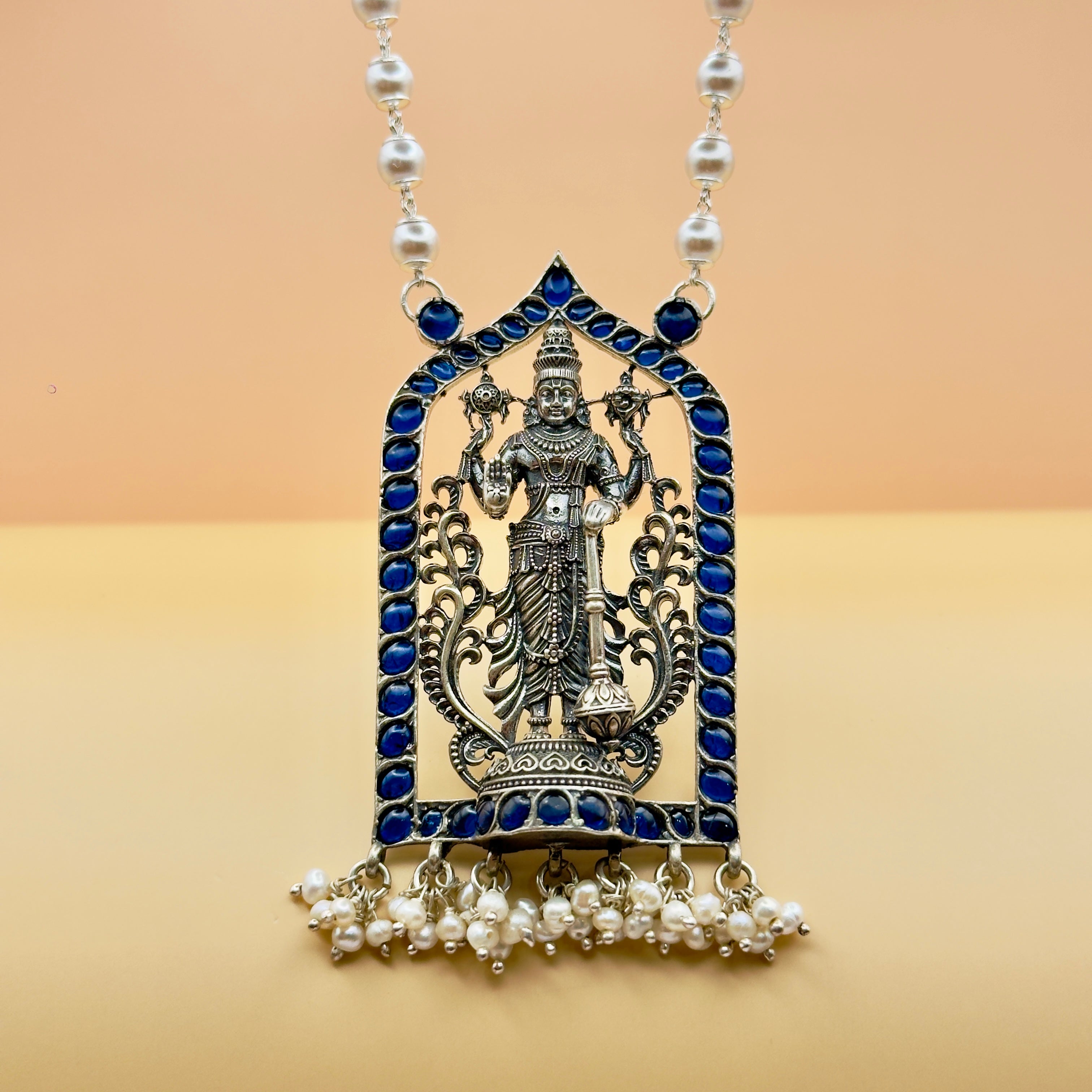 925 Silver Antique Lord Vishnu Pendant with Pearl Hangings