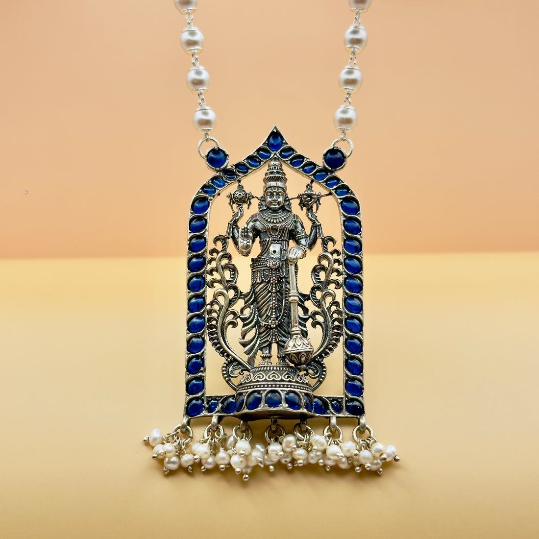 925 Silver Antique Lord Vishnu Pendant with Pearl Hangings