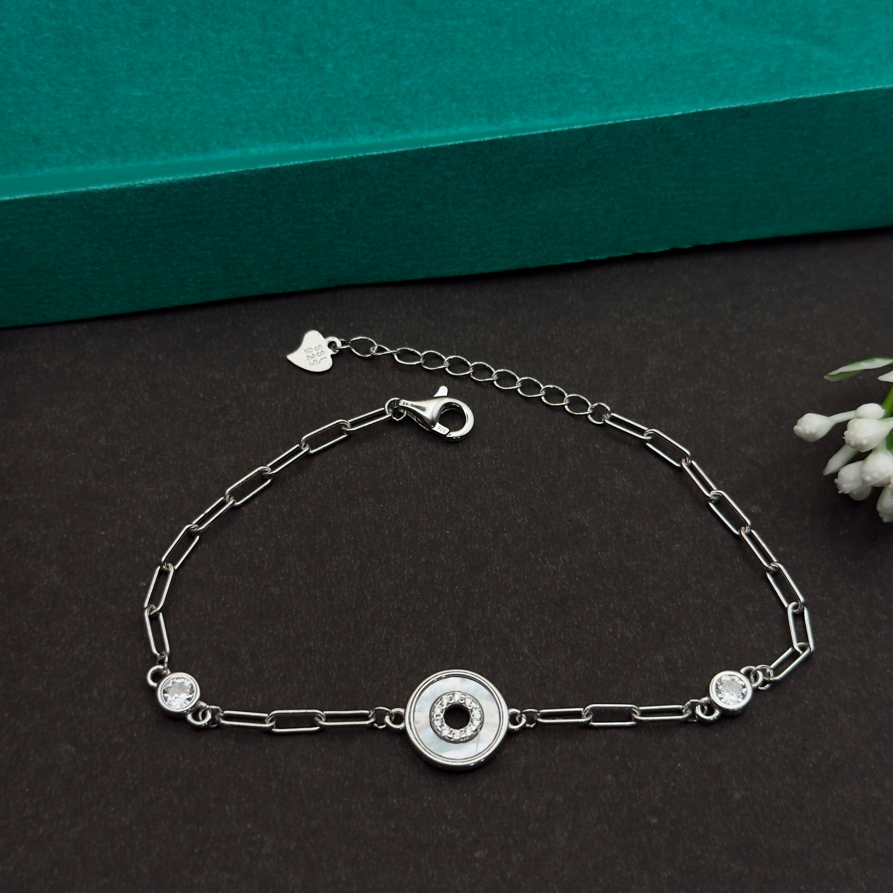 925 Silver MOP Round Charm Bracelet – Designer Link Chain