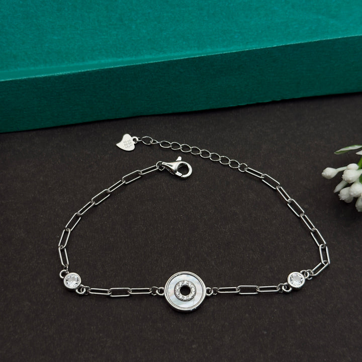925 Silver MOP Round Charm Bracelet – Designer Link Chain