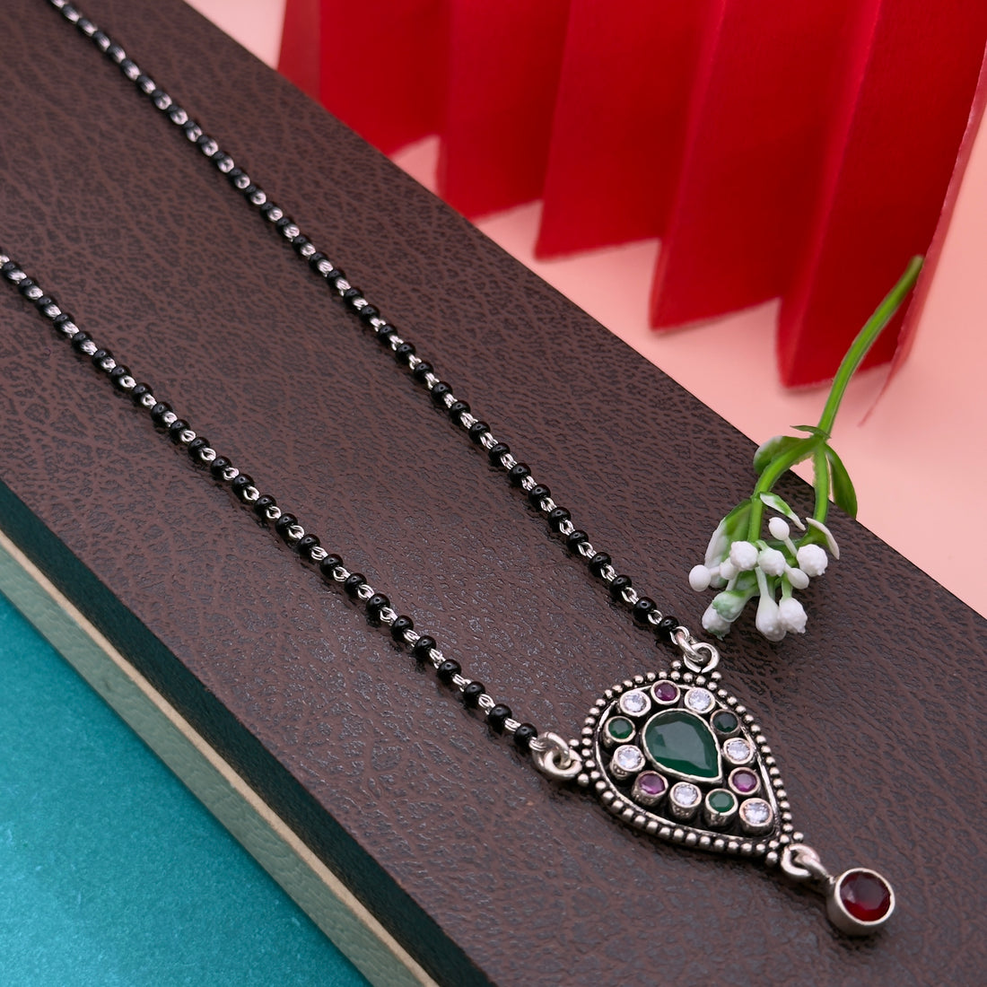 Antique 925Silver Tear Drop Mangalsutra with Multicolor Stones.
