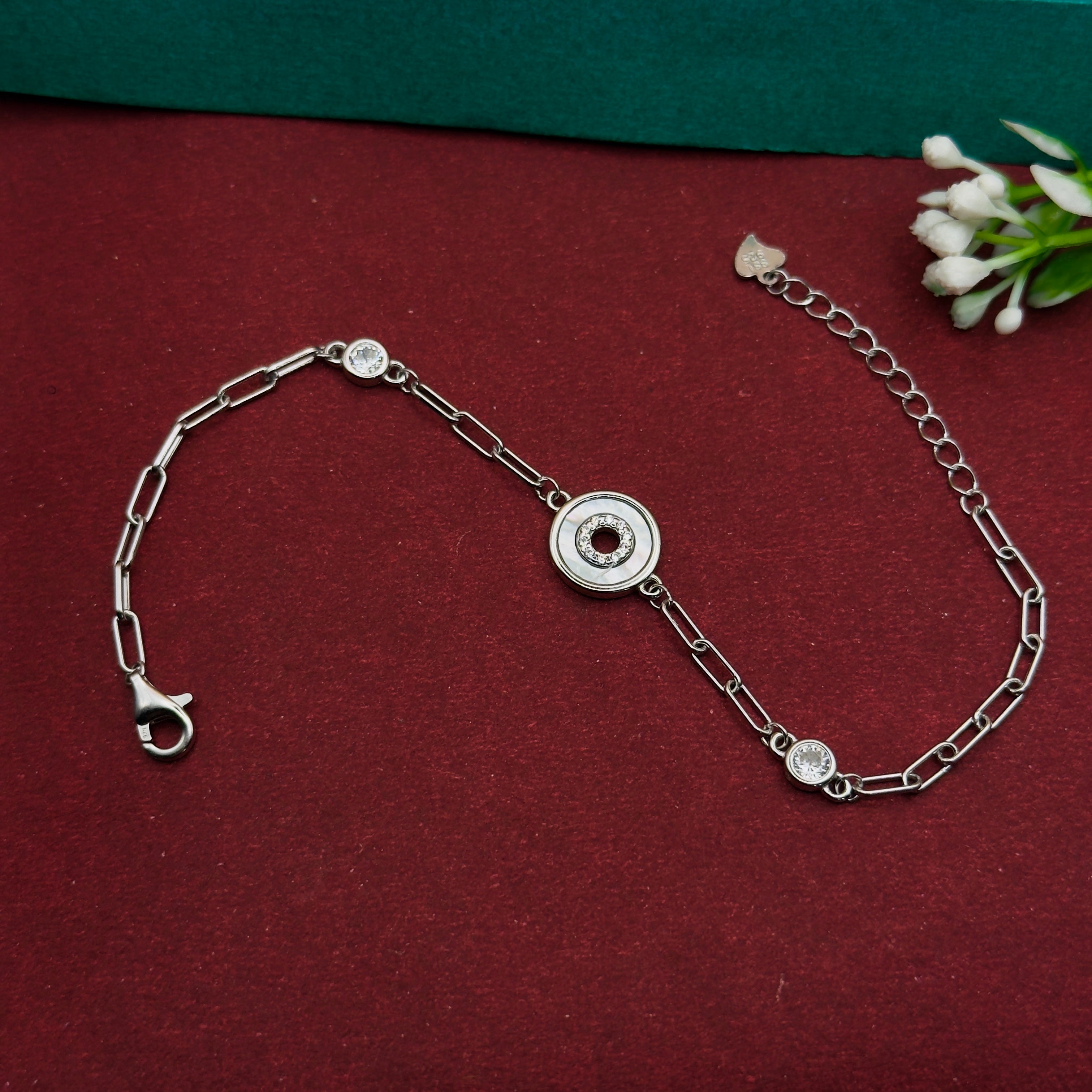 925 Silver MOP Round Charm Bracelet – Designer Link Chain