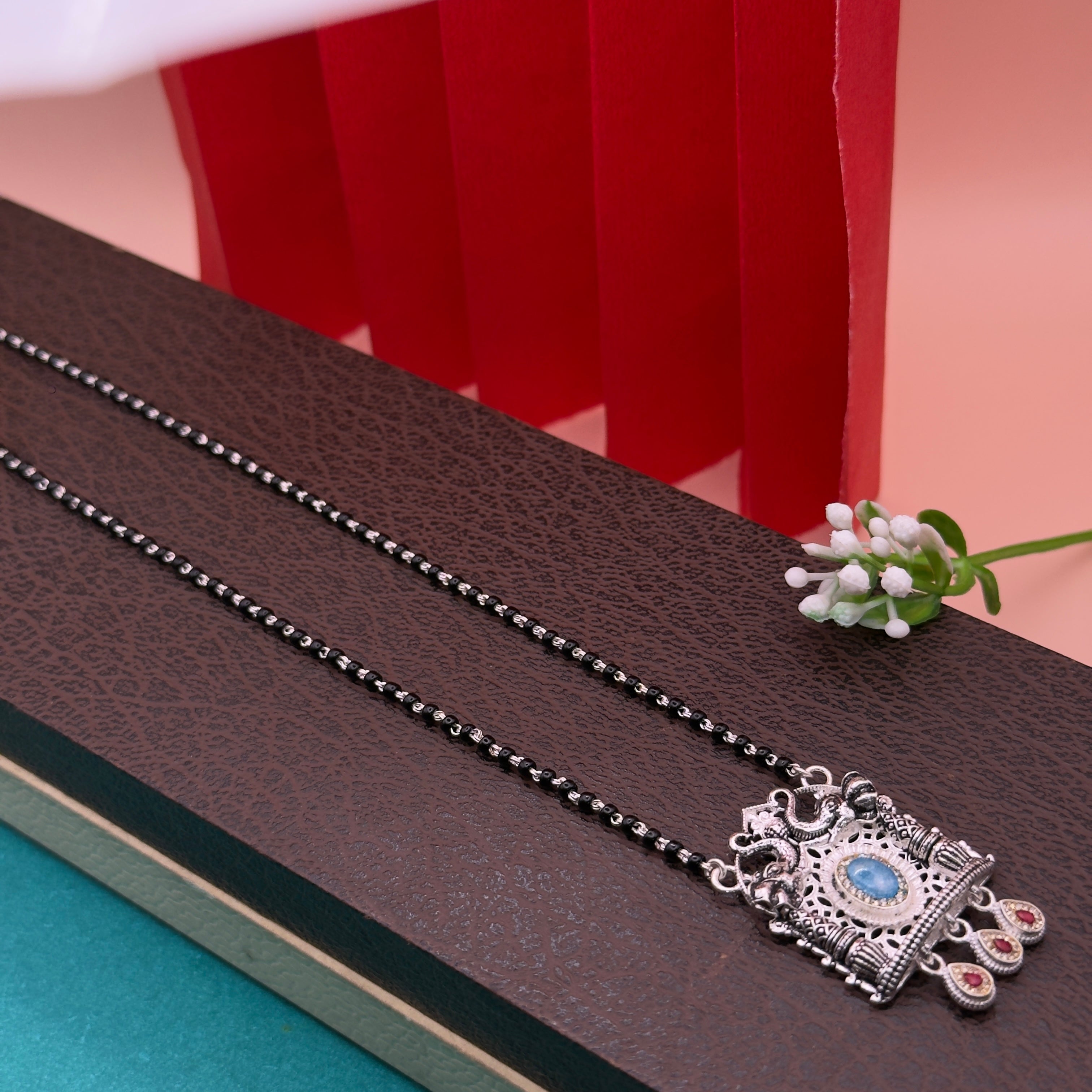 Traditional Oxidized Silver Mangalsutra with Swarovski Pendant