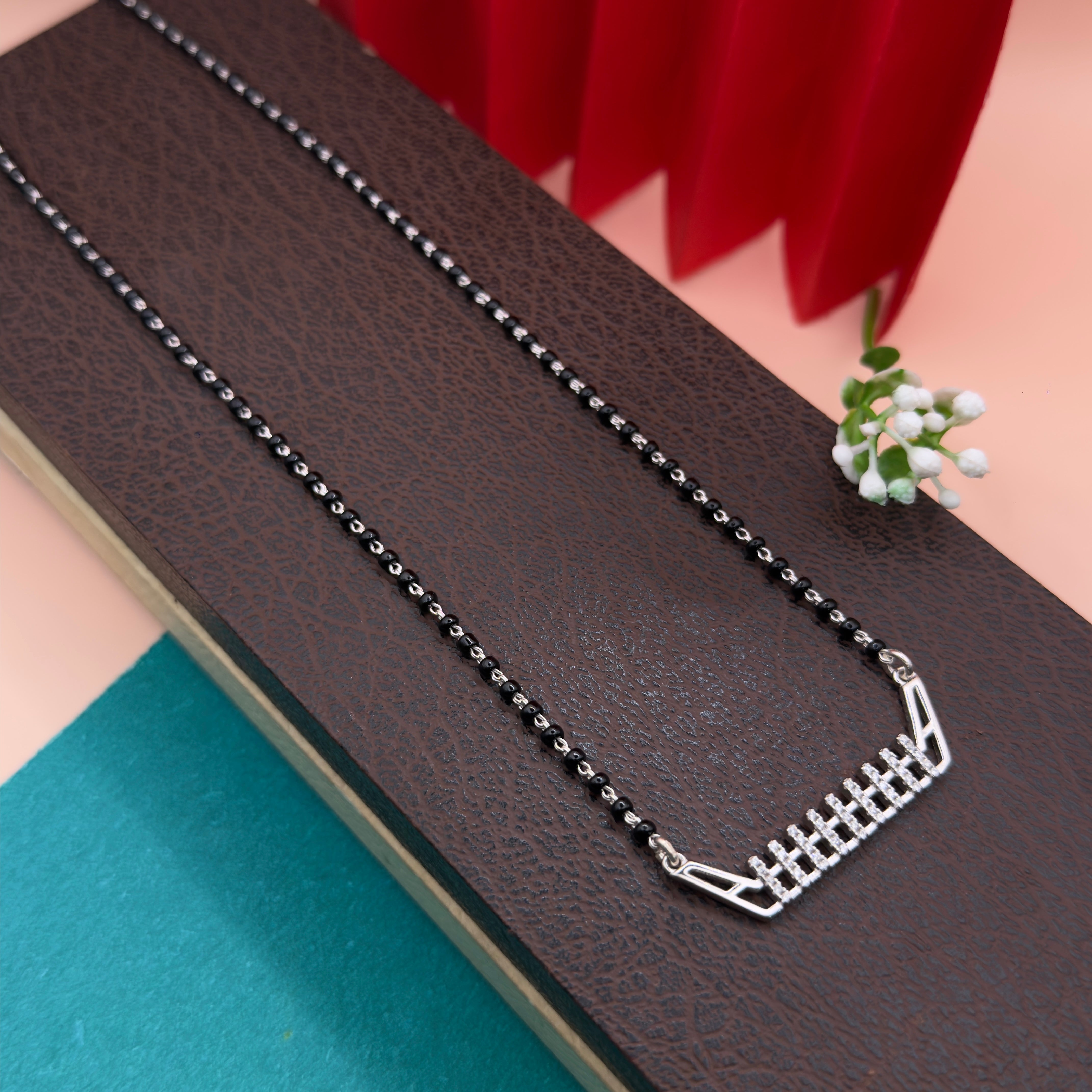 Trendy CZ Grid Pendant Silver Mangalsutra Set