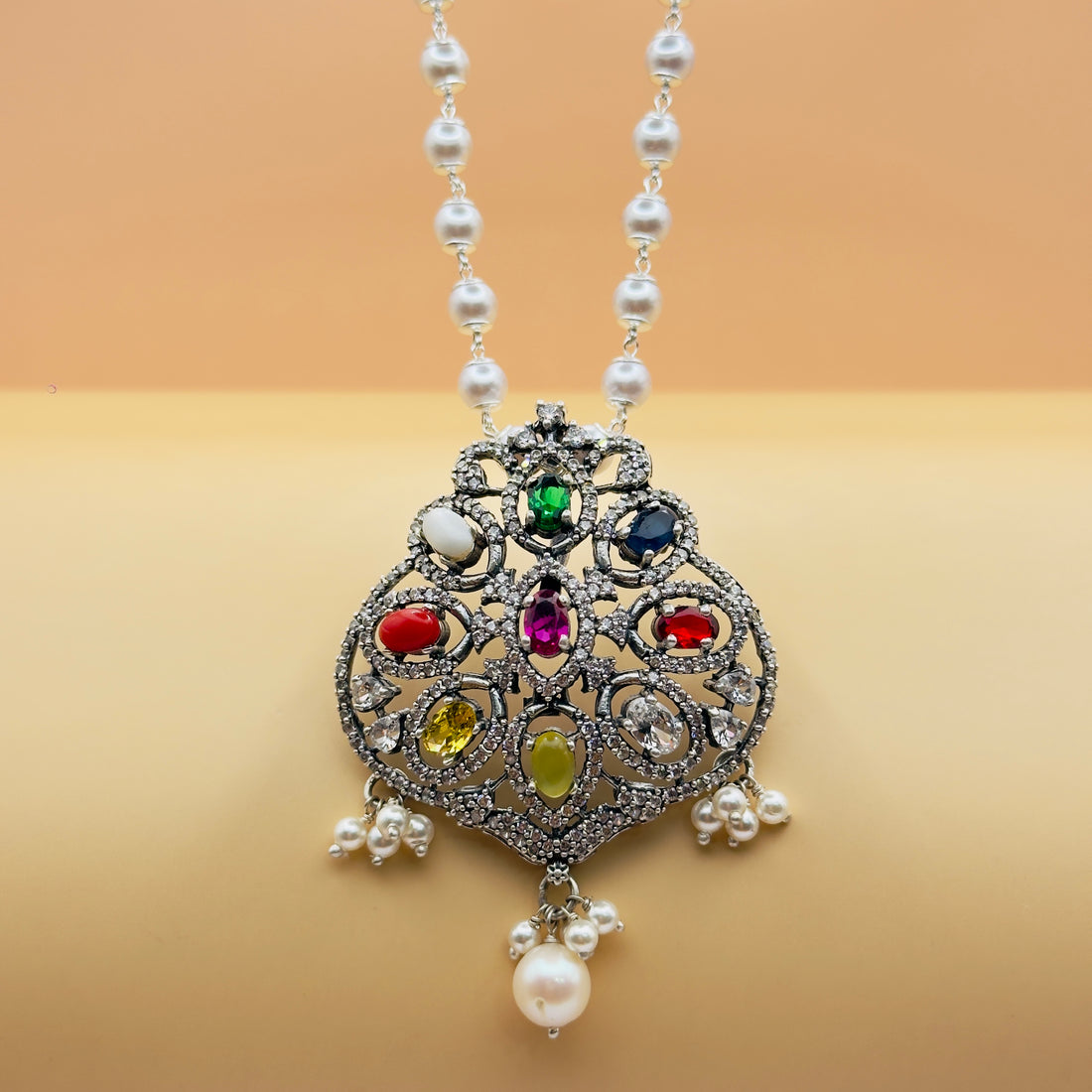 Heritage Moissanite Navratna Pendant with Pearl Drops | 925 Silver