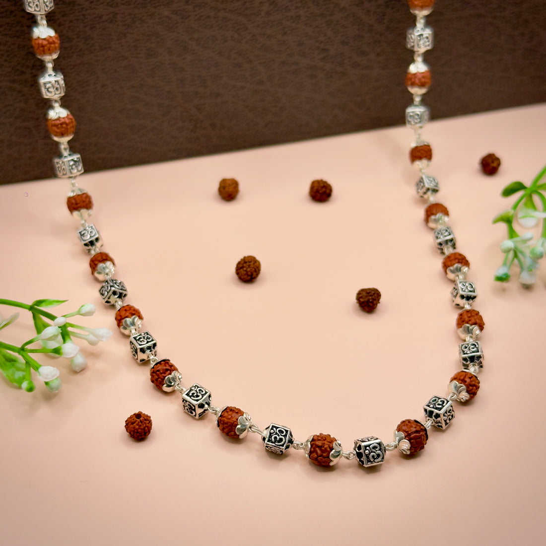 Rudraksha Silver Mala (Om Beads)