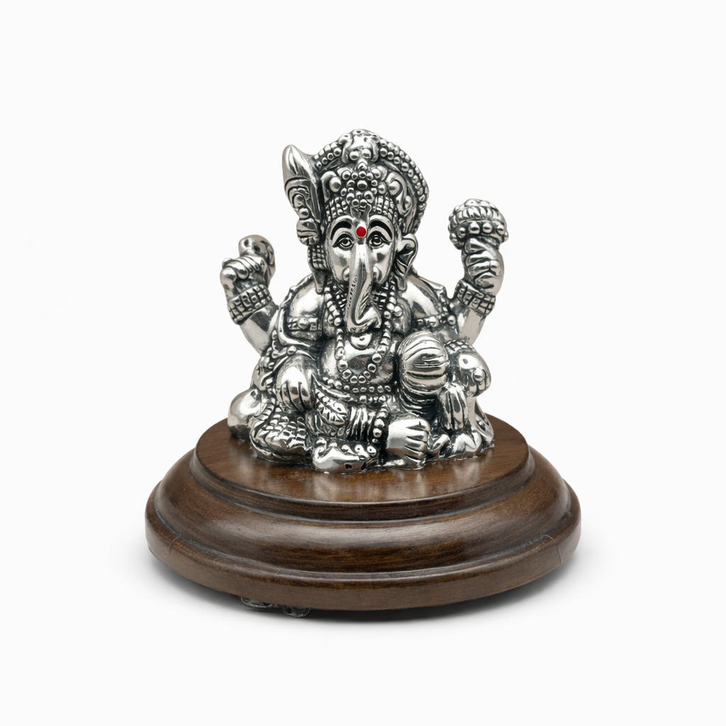 999 Pure Silver Lord Ganesha Idol with Wooden Base