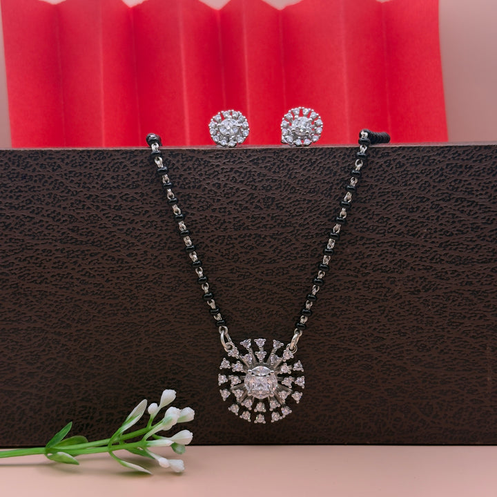 Silver CZ Floral Mangalsutra Set with Matching Earrings.