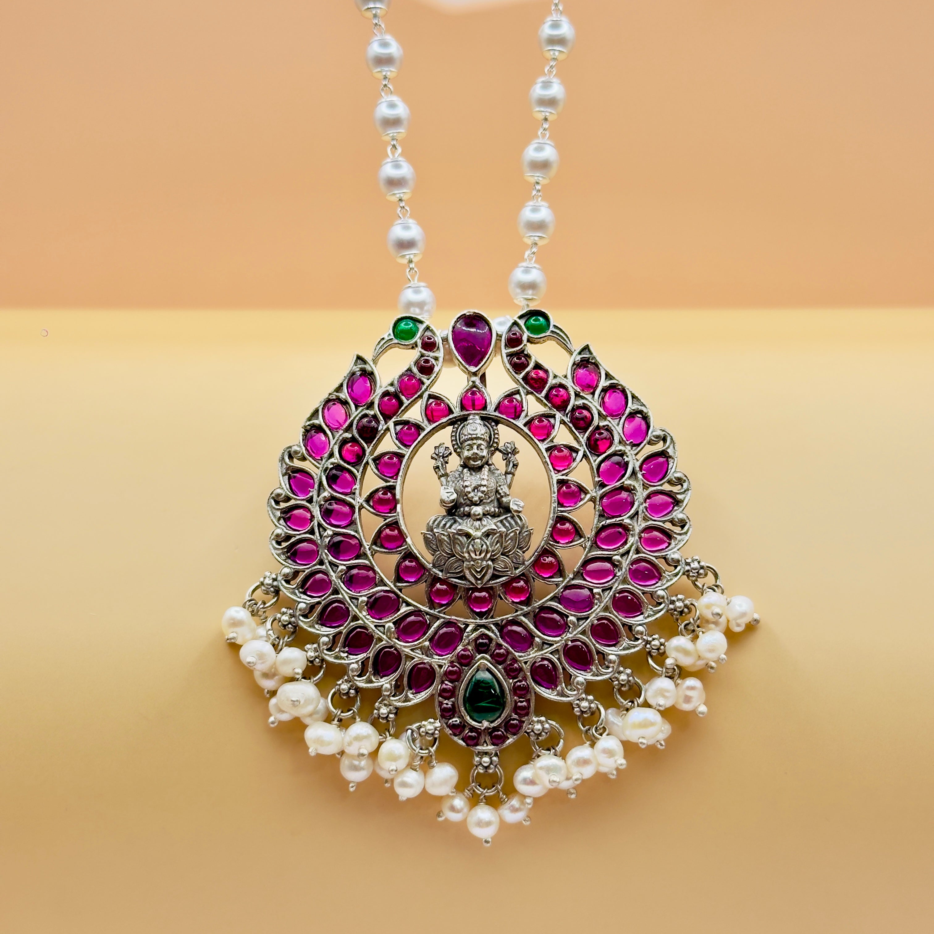 Divine Lakshmi ji Pendant in 925 Silver with Pearl Drops