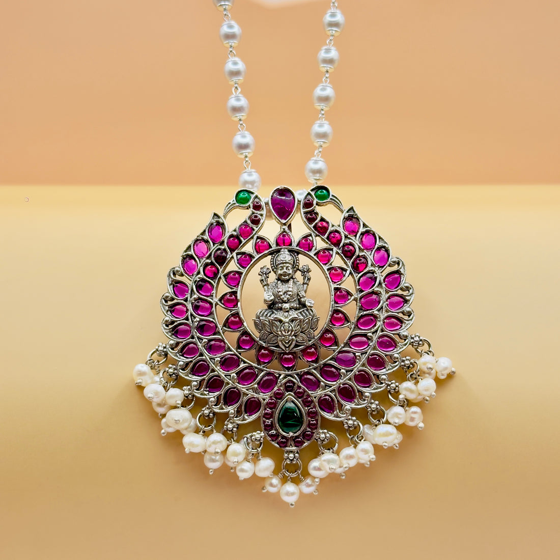 Divine Lakshmi ji Pendant in 925 Silver with Pearl Drops