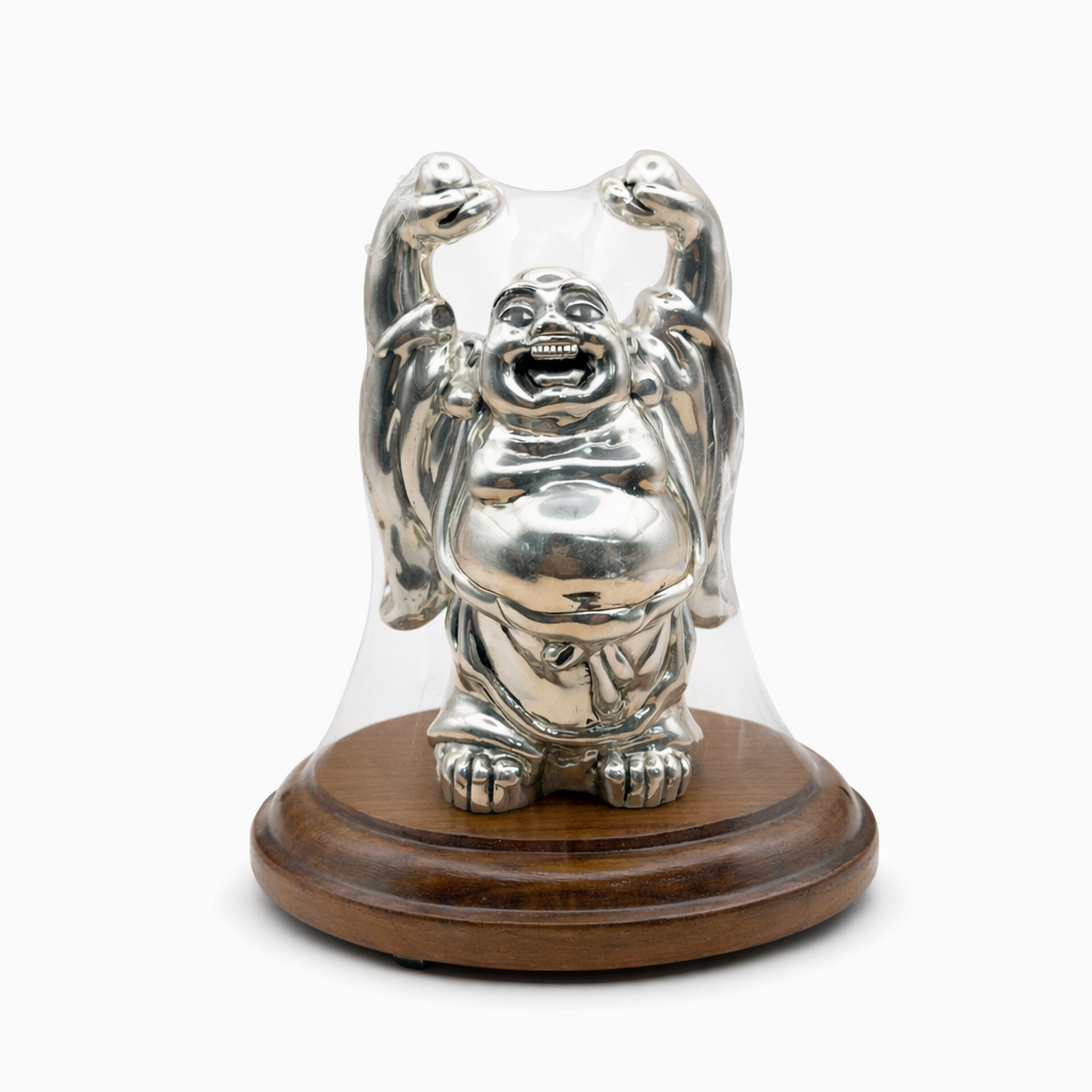 999 Pure Silver Laughing Buddha Idol with Wooden Base
