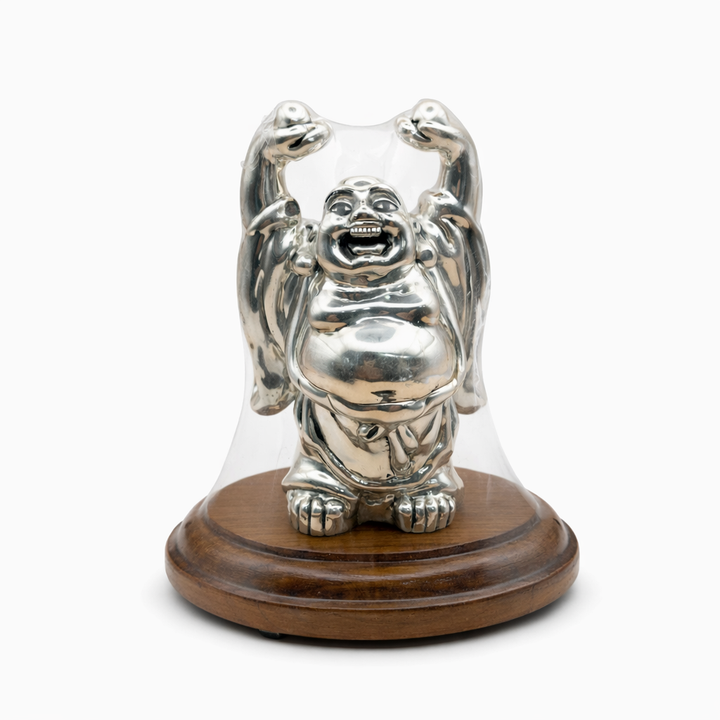 999 Pure Silver Laughing Buddha Idol with Wooden Base